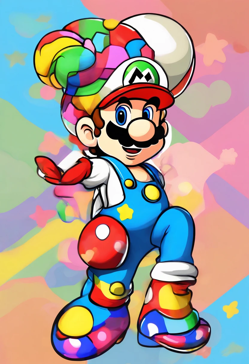 a person wearing a colorful outfit and an ice cream-shaped hat, catsuit, Traje de alta qualidade, multi cores, painted overalls, multi - colorido, homem, roupas coloridas, Roupas vermelhas e azuis, jumpsuits, artist wearing overalls, traje de teatro de alta qualidade, roupas coloridas, uniformes coloridos