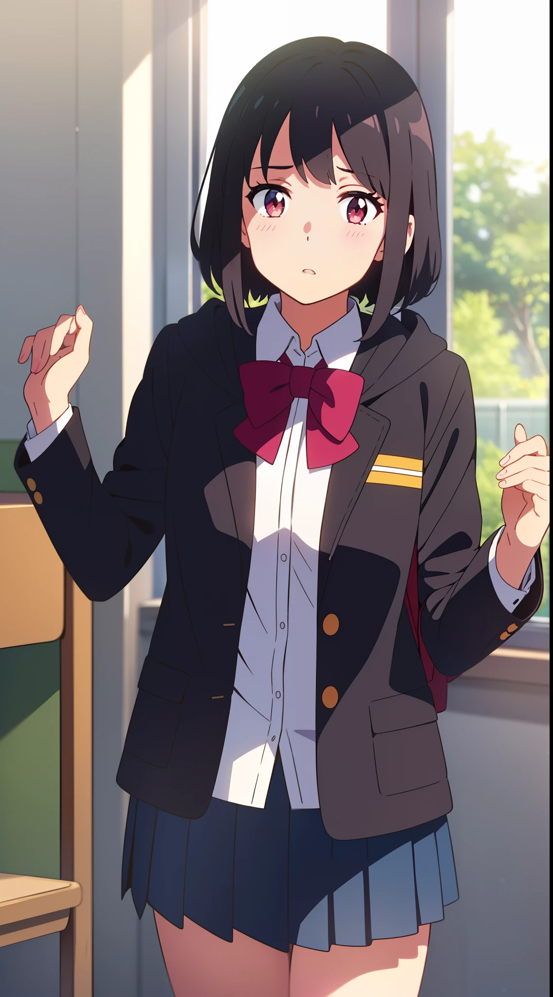 shinkai makoto, kimi no na wa., 1girl, solo, brown eyes, hood, skirt, sleeves past wrists, parted lips, blush, looking at viewer, hood up, open clothes, long sleeves, jacket, bangs, blue skirt, red eyes, black hair, blonde hair, school, classroom, open jacket, hooded jacket, school uniform, shirt, hands up, short hair, cowboy shot, :o, hoodie, pink jacket, white shirt, bow, red bow, ribbon, red ribbon, sidelocks, pleated skirt