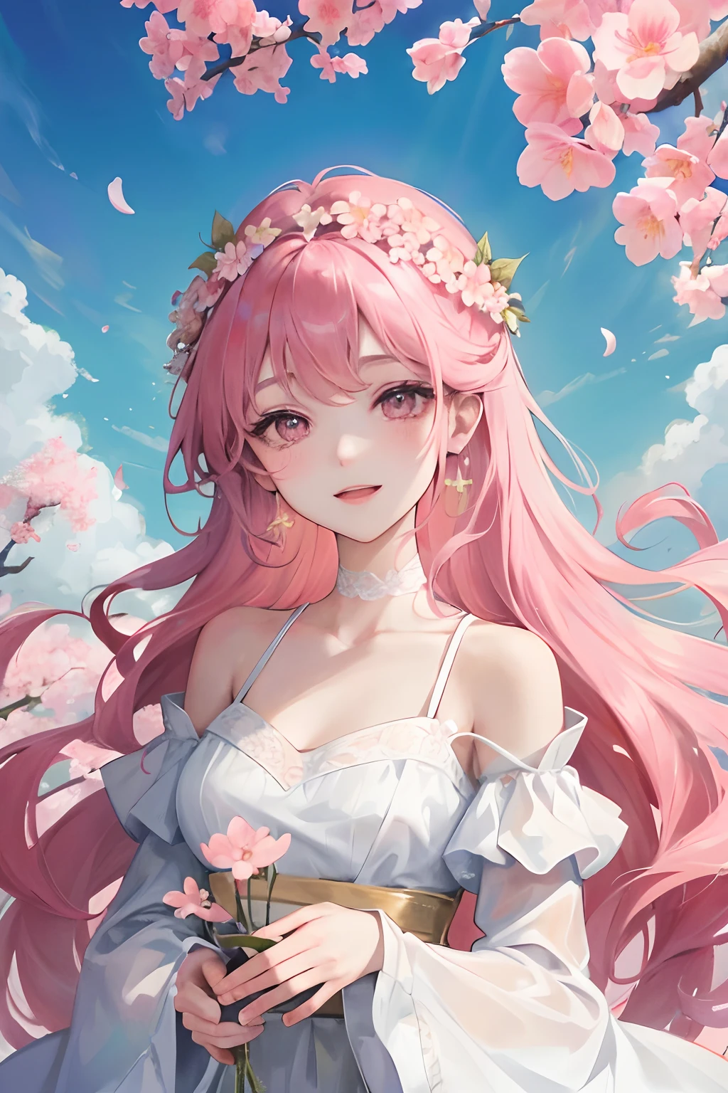 cherry_blossoms, falling_petals, petals, branch, pink_flower, 1girl,20-year-old, blue_sky, spring_\(season\), petals_on_liquid, flower, hanami, dress, (golden long curly hair: 1.5), wearing flower wreath, sky, outdoor, Clouds, bangs, smile, pink eyes, white dress with cherry blossoms, bare shoulders, earrings, best quality. Picture perfect. holding_flower, wind, tree, looking_at_viewer, cowboy shot, detail enhancement.