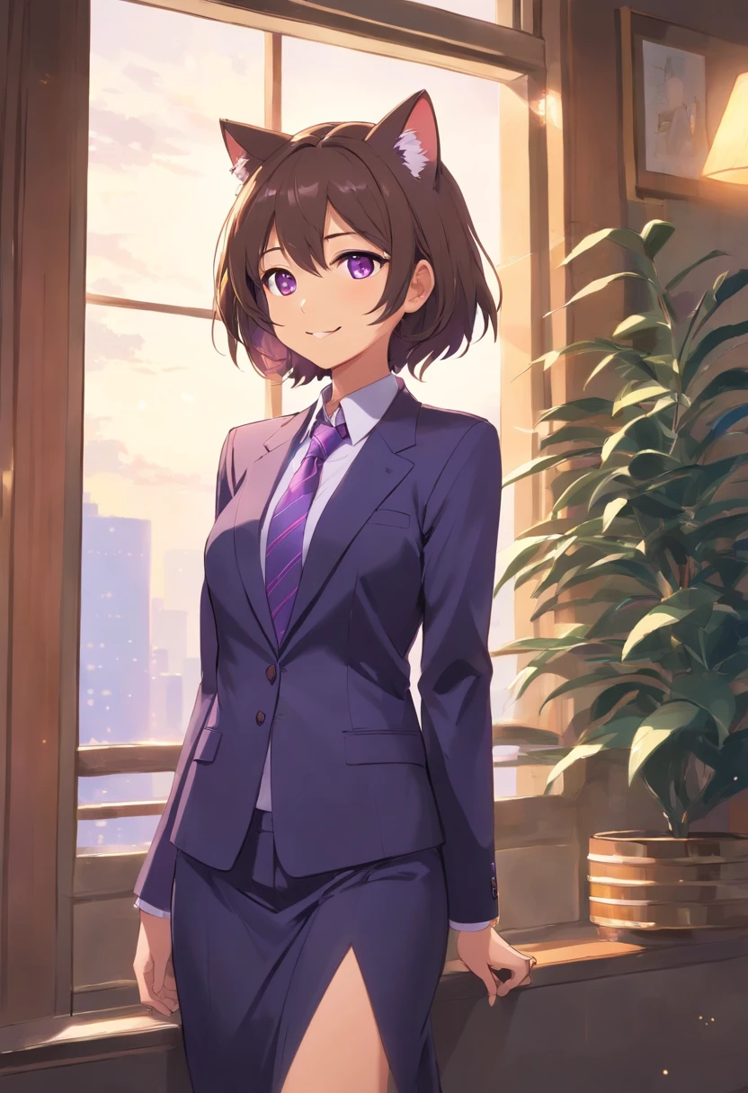 A cat in a suit and tie stands by the window., In a strict suit., In a strict suit., Portraits with a complete view of the standing figure , Dark suit, A grand and classy portrait., highly detailed exquisite fanart, Official Character Art, Good - dress up., Honourable nobles., official character illustration, In his suit., Trends on Artstation Pixiv, high detailed official artwork, Elegant cat , smiling kindly , lol gentle , Show from head to toe , Portrayal that can be seen to the feet, purple eyes