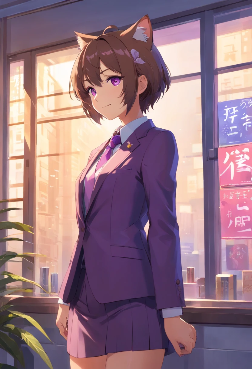 A cat in a suit and tie stands by the window., In a strict suit., In a strict suit., Portraits with a complete view of the standing figure , Dark suit, A grand and classy portrait., highly detailed exquisite fanart, Official Character Art, Good - dress up., Honourable nobles., official character illustration, In his suit., Trends on Artstation Pixiv, high detailed official artwork, Elegant cat , smiling kindly , lol gentle , Show from head to toe , Portrayal that can be seen to the feet, purple eyes