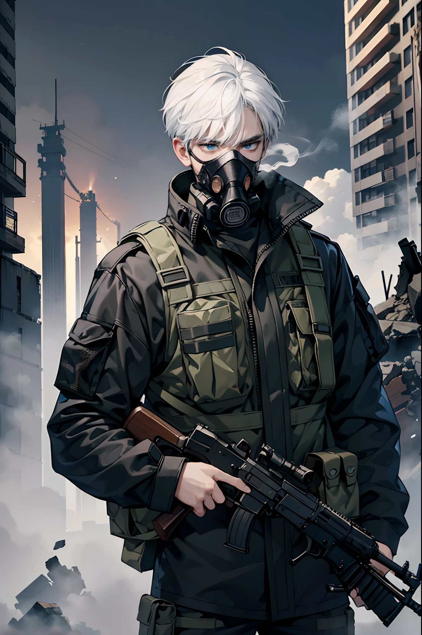 1 boy, perfect male body, eyes look at the camera,(white hair, wearing tactical gear, holding a AK47 in hand, cold face, tall body, detailed face, detailed eyes,gas mask), collapsed city, smoke and fog , collapsed building, broken street,