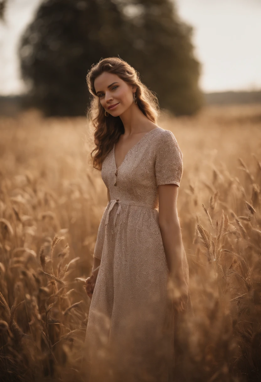bobbi althoff, 1 mature woman, smile, waist up, blonde hair, facing_viewer, detailed face+brown eyes:1.3, closed mouth, wearing a full body flowing dress, outdoors, background: in a grassy field at sunset, <lora:Bobbi Althoff:1>
