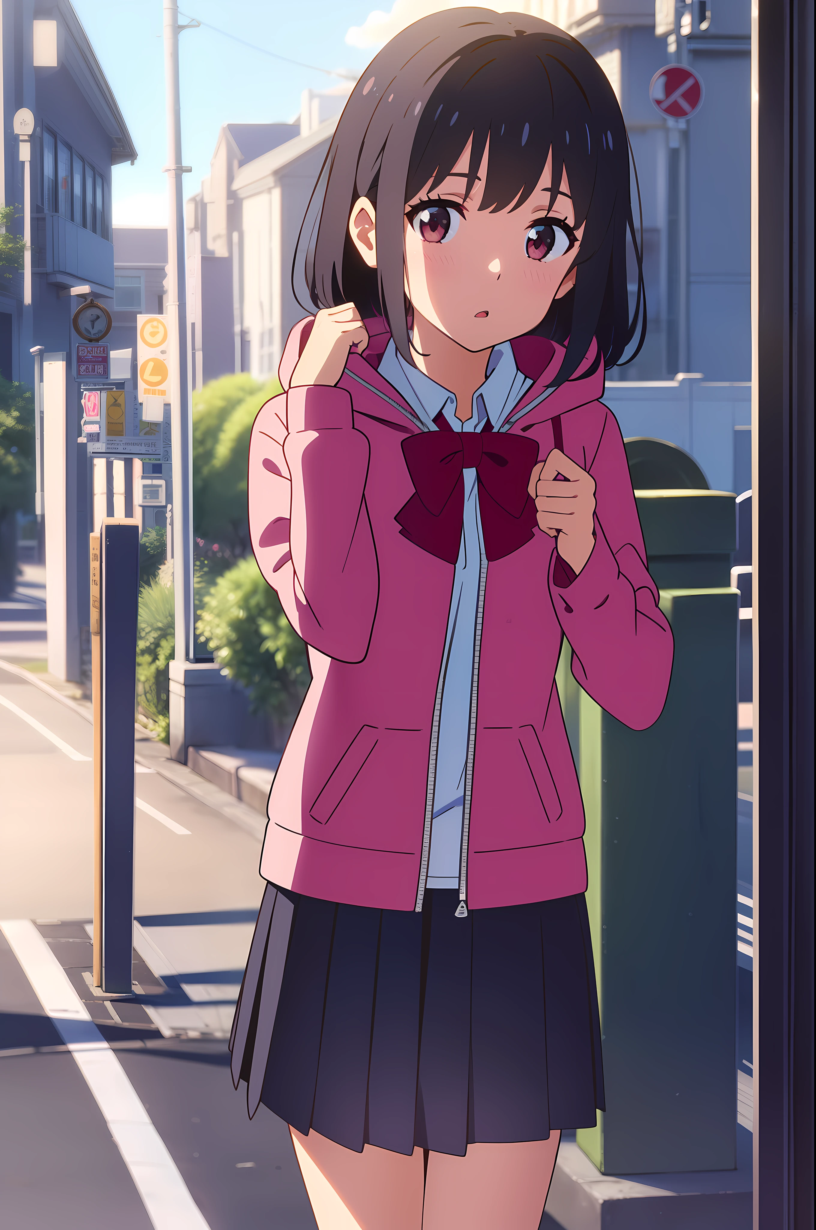 shinkai makoto, kimi no na wa., 1girl, solo, brown eyes, hood, skirt, sleeves past wrists, parted lips, blush, looking at viewer, hood up, open clothes, long sleeves, jacket, bangs, blue skirt, red eyes, black hair, blonde hair, street, city, junction, open jacket, hooded jacket, school uniform, shirt, hands up, short hair, cowboy shot, :o, hoodie, pink jacket, white shirt, red neckerchief, sidelocks, pleated skirt