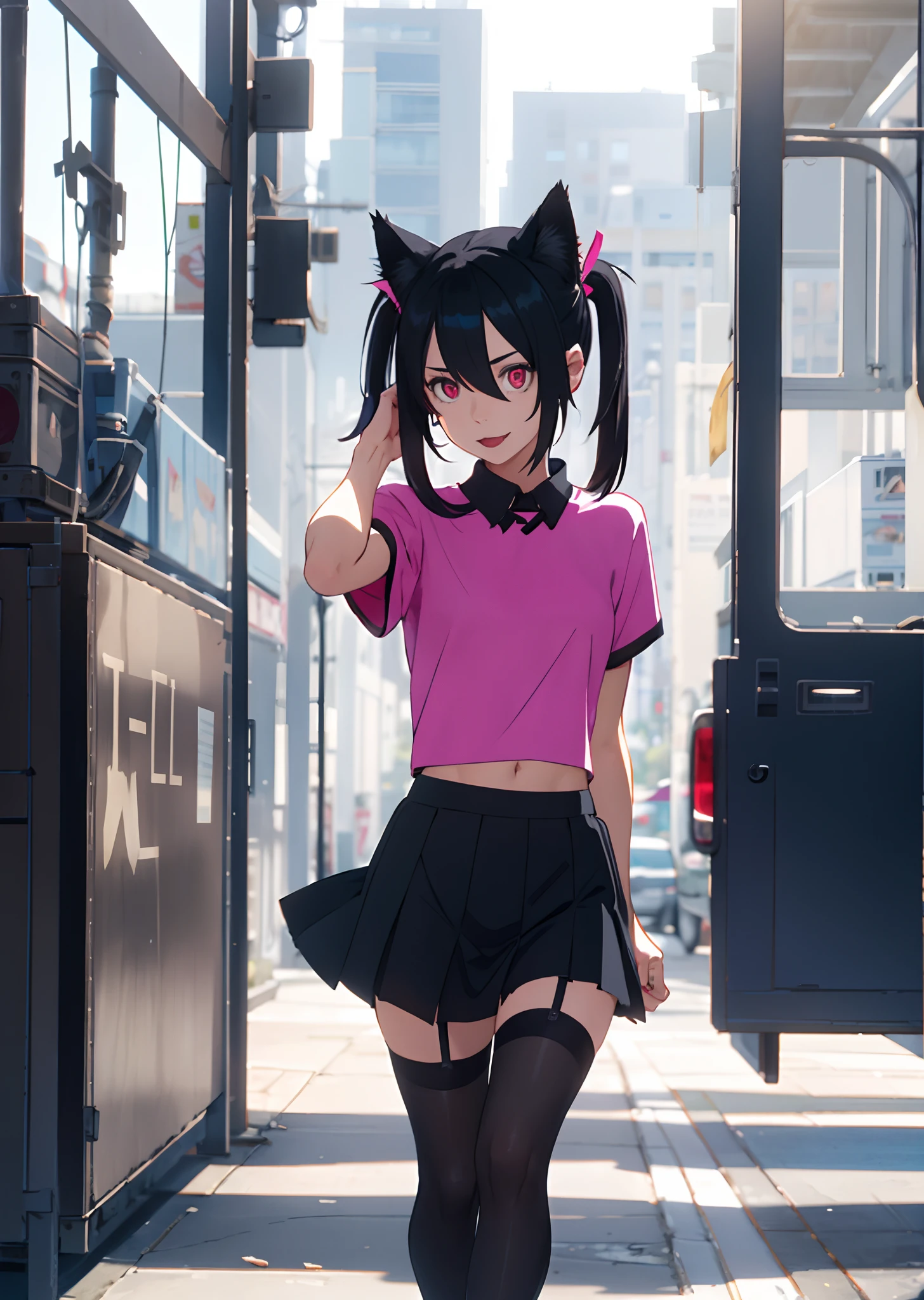 black hair, Cat's ears, cute ponytails, Bright pink eyes, Short black top, black mini skirt, Stockings, Black Sneakers, furry tail, evil face, exteriors