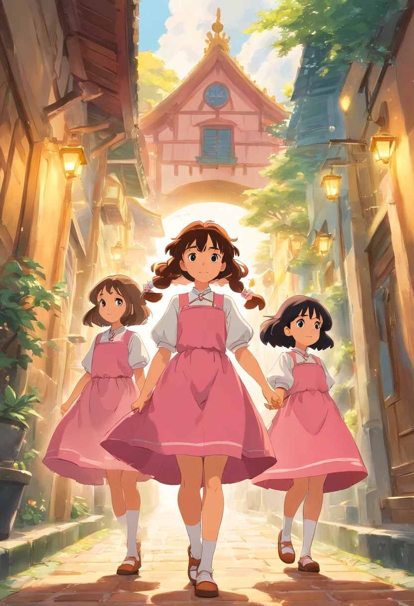 Quatro meninas coreanas com cabelos castanhos e loiros vestidos de rosa e brincos dourados com aneis dourados