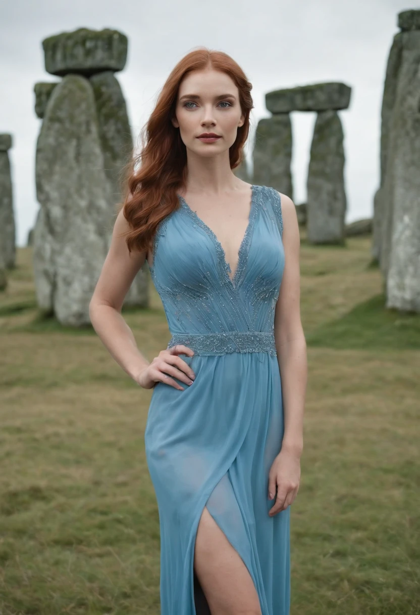 uma mulher ruiva, peitos pequeno, com um vestido azul claro, com uma paisagem de fundo parecida com stonehenge