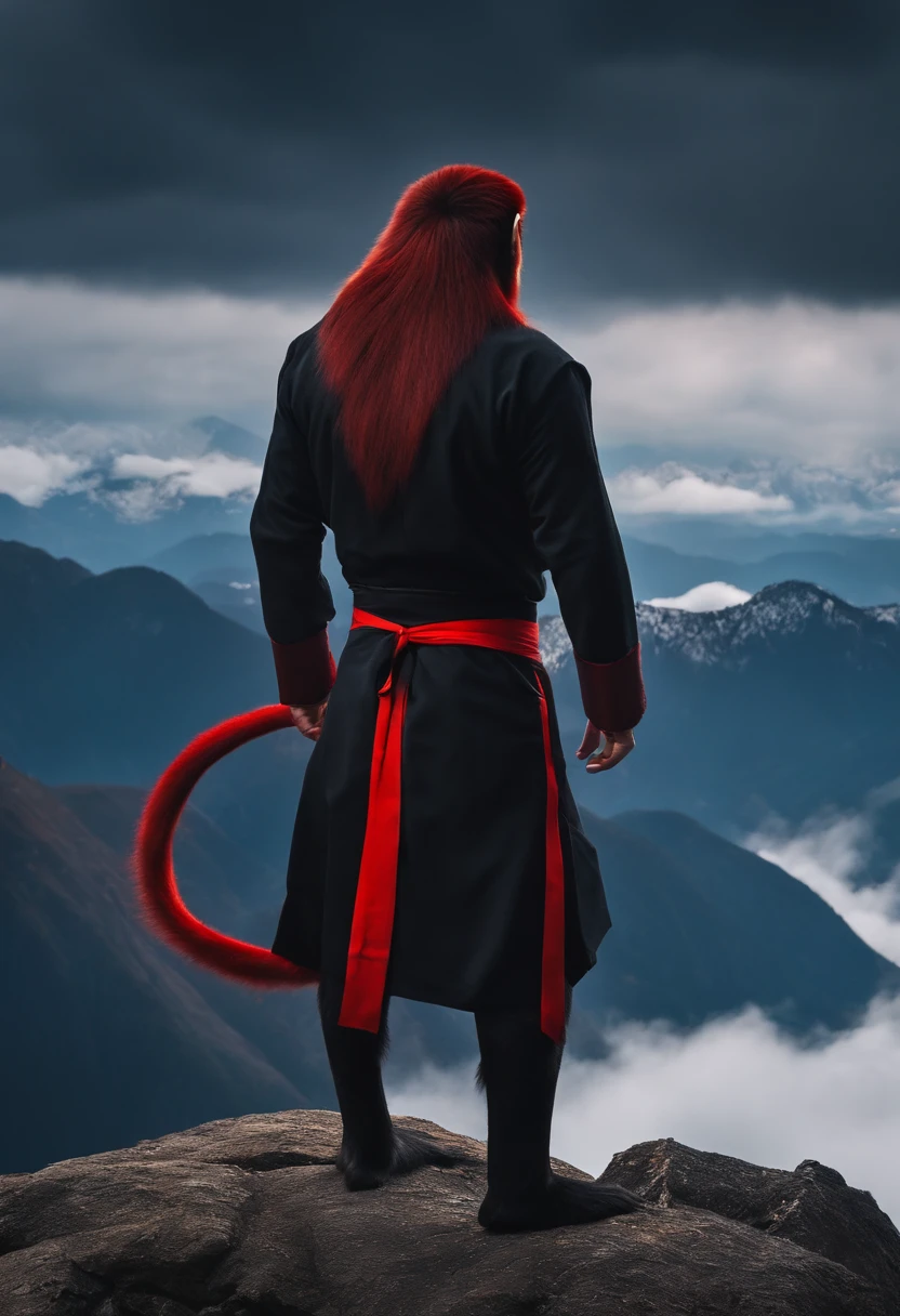 1male , monkey tail ,black and red gi , mountain background , red eyes , layered hair , long hair , Back Knot,  black hair , standing looking over mountain , lean build , monkey tail
