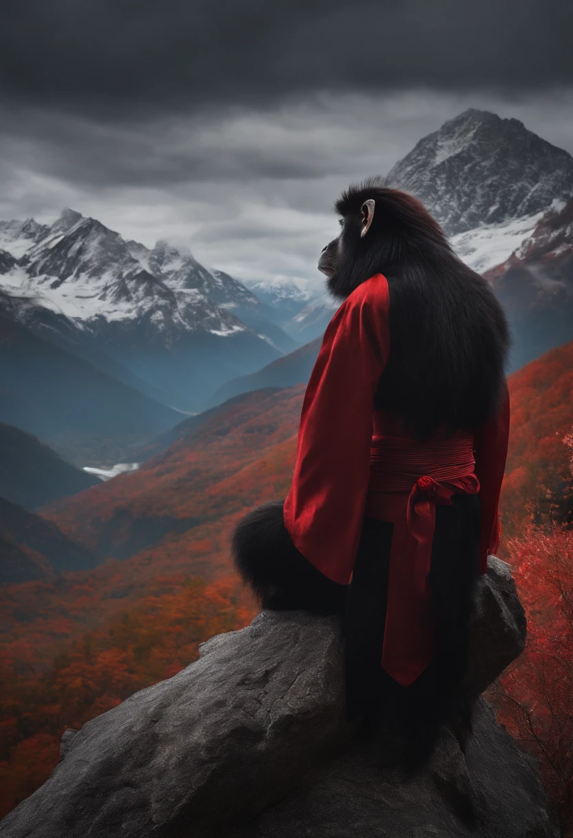 1male , monkey tail ,black and red gi , mountain background , red eyes , layered hair , long hair , Back Knot, black hair , standing looking over mountain , lean build , monkey tail