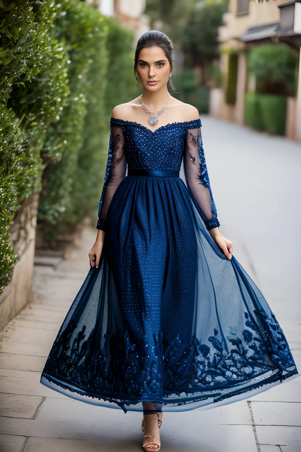 realisitic,32K,high-level image quality,mannequin,doress,nigh sky,long-sleeve,White background,Pedras preciosas,Open Shoulder,full body Esbian,fashion magazine,Dior,Dress only,Diamonds,a blue dress,high-heels,top grade,Low exposure,full body Esbian,model poses,Embroidered on the chest,a necklace,long skirt,Disney Princess,wedding dress,Pomp,Chanel,with floral pattern,Delicate,Jewelry Embroidery