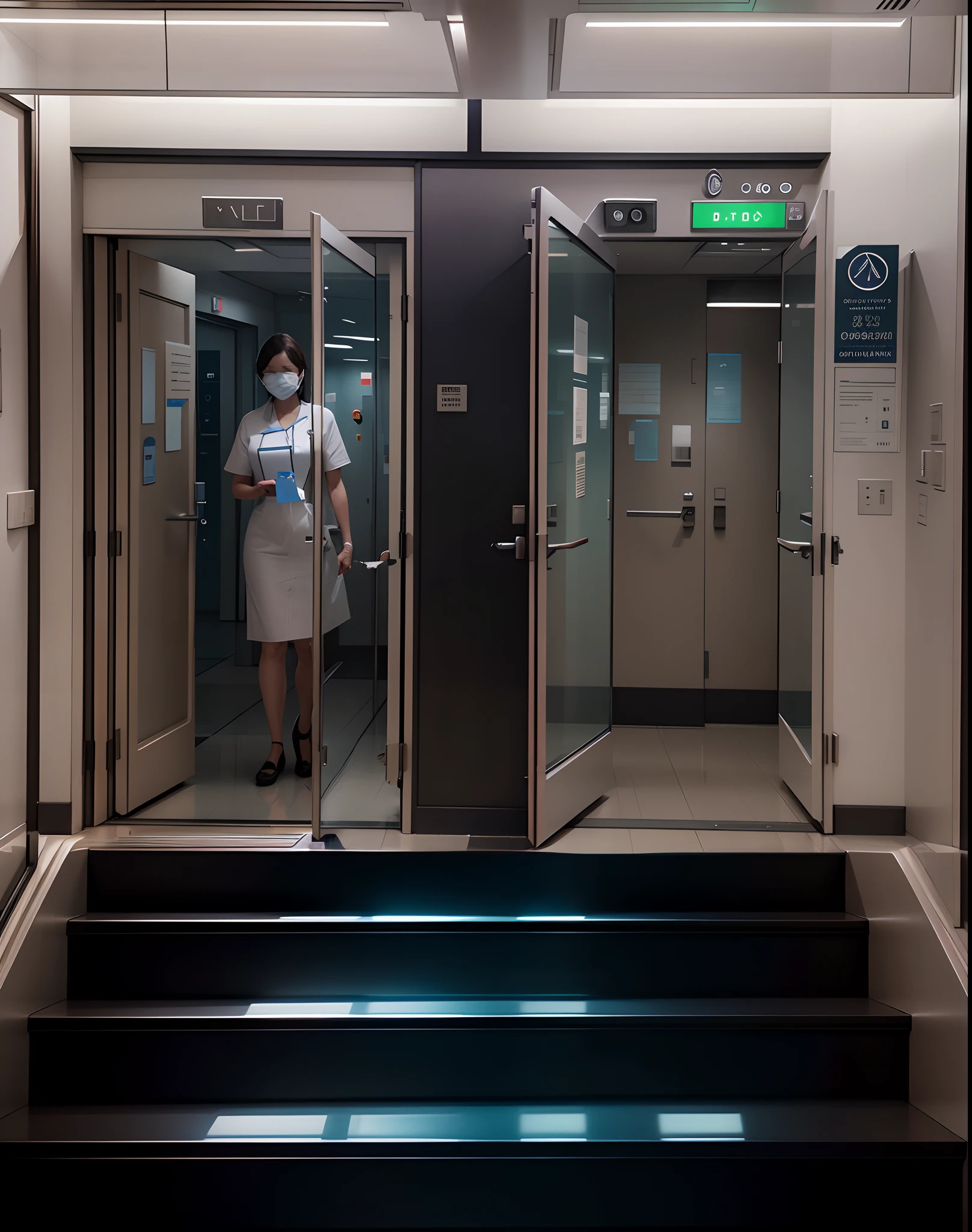 stair steps for hospital entrance,middle handrail,glass handrails,wide steps,modern design,reflective surface,illuminated steps,highly visible handrail,bright colors,white and blue tones,soft lighting,spacious entrance,impressive architecture,people entering smoothly,efficient movement,accessible for everyone,peaceful atmosphere,well-maintained steps and handrail,attention to safety,detailed design,meticulous craftsmanship