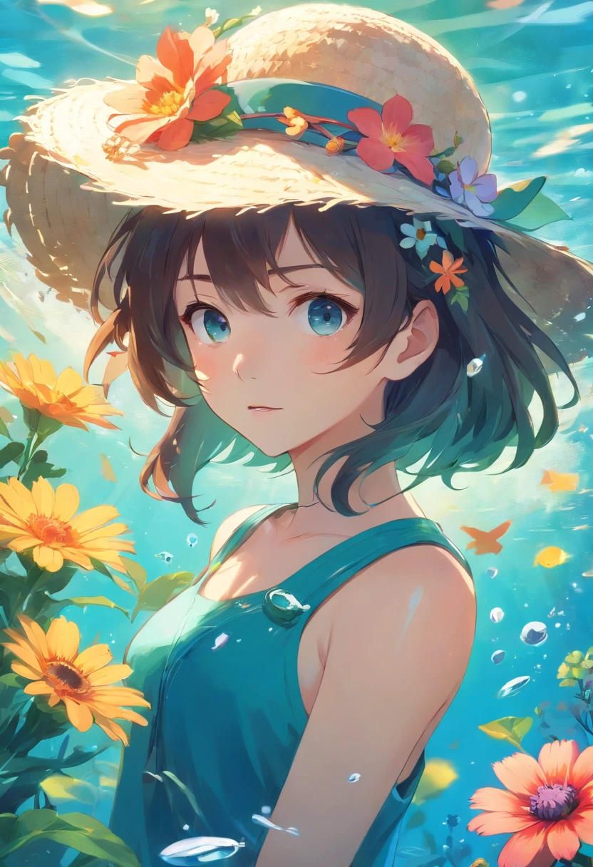 Anime girl in underwater hat with flowers in hat, artwork in the style of guweiz, guweiz, makoto shinkai art style, with straw hat, Kantai Collection Style, Shinkai Makoto style, painted in anime painter studio, By Shinkai Makoto!, 4 k manga wallpaper, Wallpaper Anime Blue Water