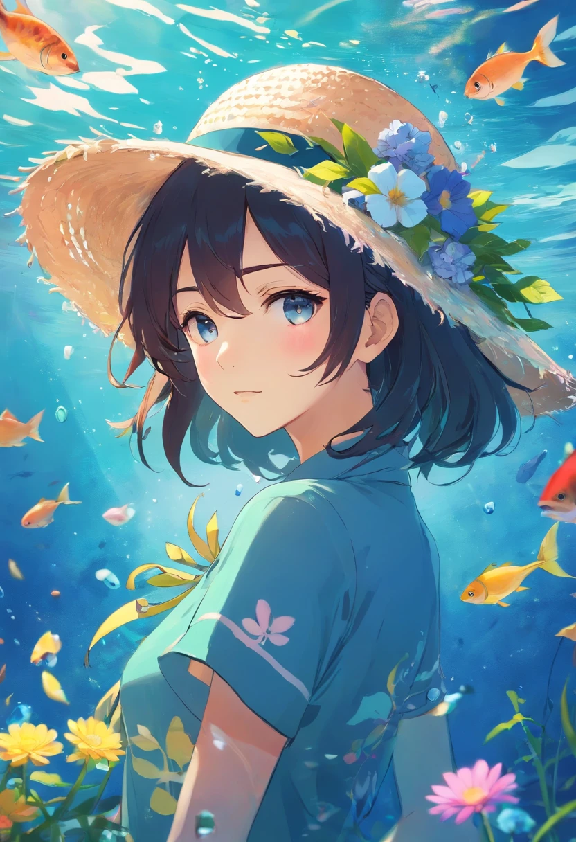 Anime girl in underwater hat with flowers in hat, artwork in the style of guweiz, guweiz, makoto shinkai art style, with straw hat, Kantai Collection Style, Shinkai Makoto style, painted in anime painter studio, By Shinkai Makoto!, 4 k manga wallpaper, Wallpaper Anime Blue Water