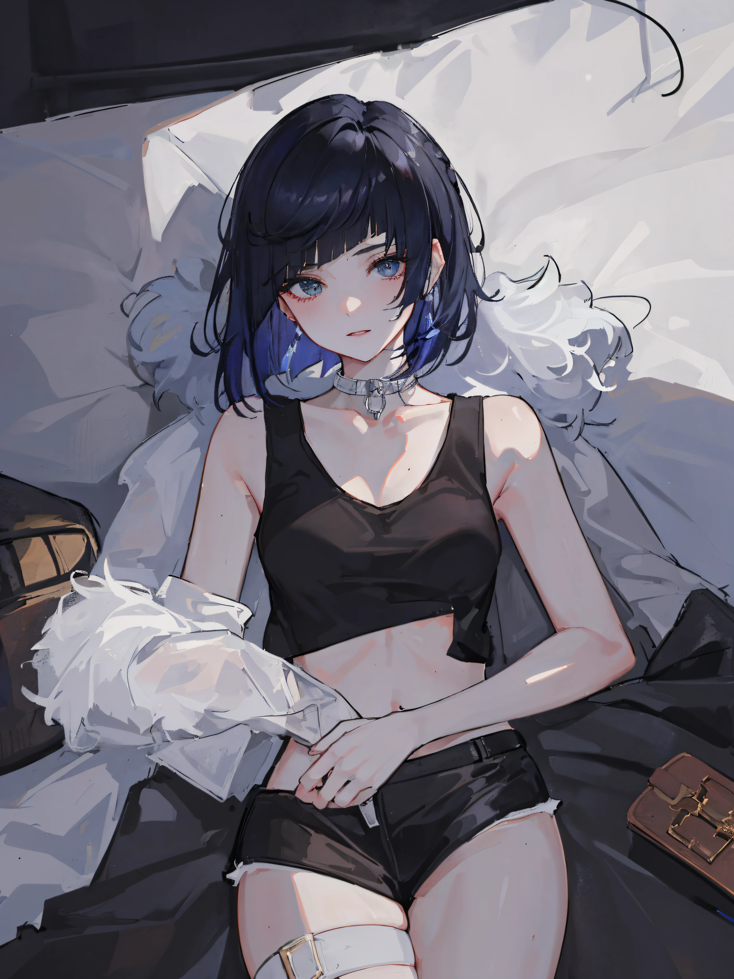 one girl,white skin,black bob hair,short hair,earrings,Sick Kawa,Menhera,unhealthy,black clothes,best quality