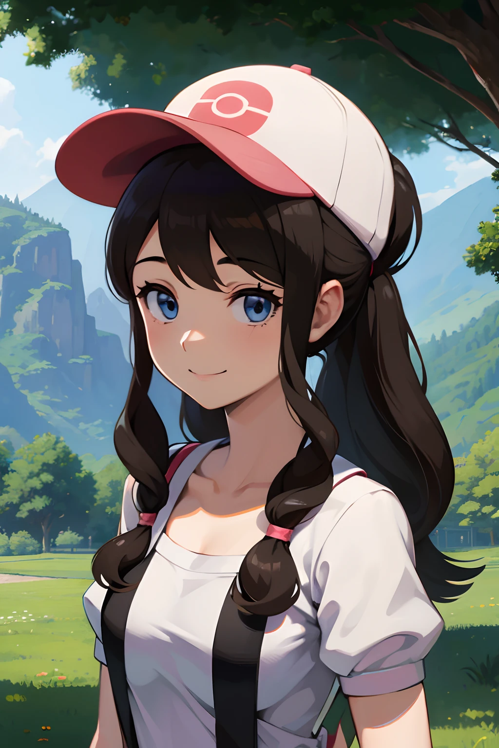1girl in、hight resolution、masterpiece、hilda \(A pokémon\)、Hats、poneyTail、plein air、Bring your face closer、A detailed face、a smile
