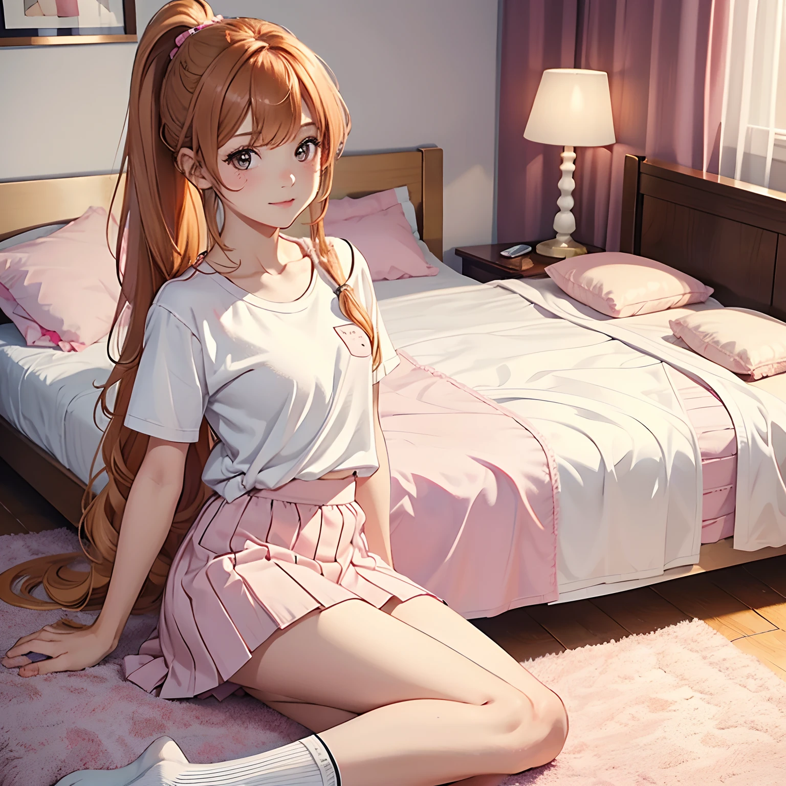 1girl, solo, brown eyes, light ginger hair, long hair, ponytail, curled bangs, cute, beautiful, down turned eyes, facing camera, closed mouth smile, bedroom, pink and white clothes, short skirt, socks, on bed, pink bed, long eyelashes, detailed face, best quality, high quality, highly detailed