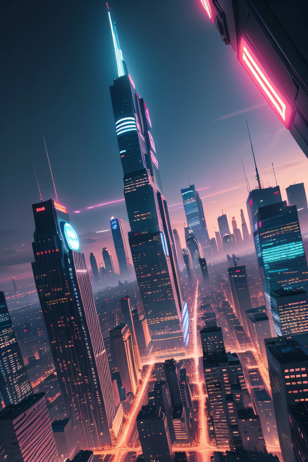Title: "Neo-Comics Cityscape"
Description: Generate a vibrant and dynamic comic book-style cityscape background. The scene should feature a modern, futuristic metropolis with towering skyscrapers, bustling streets, and a mix of both day and night elements. The city should have a Marvel-inspired aesthetic, with colorful neon signs, billboards, and an energetic atmosphere. The skyline should be filled with unique and imaginative architecture, and there should be hints of superhero activity, such as a hero soaring through the sky or a supervillain causing chaos in the distance. The overall mood should be exciting and visually captivating, capturing the essence of a classic comic book city.