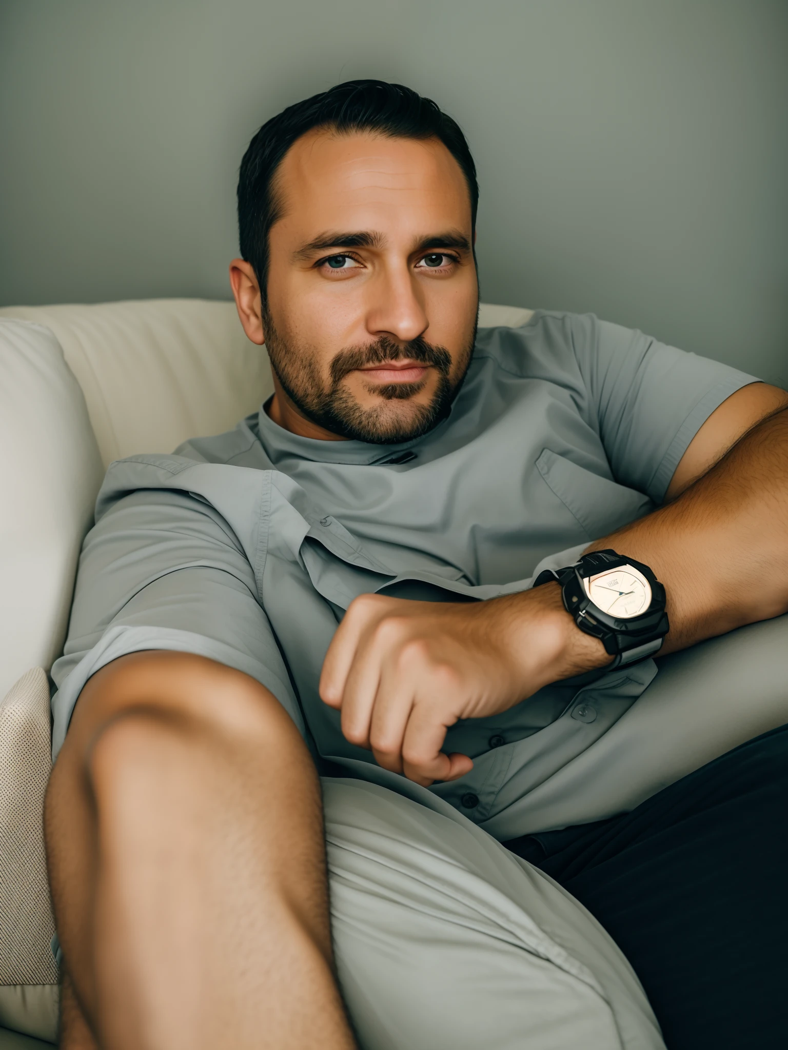 There is a man sitting on a sofa with a watch on his wrist, 38 years old, 4 0 year old man, 3 6 years old, 3 2 years old, (38 years old), 2 7 years old, foto filtrada, 2 8 years old, 2 9 years old, 3 5 years old, 35 years old, Foto de perfil