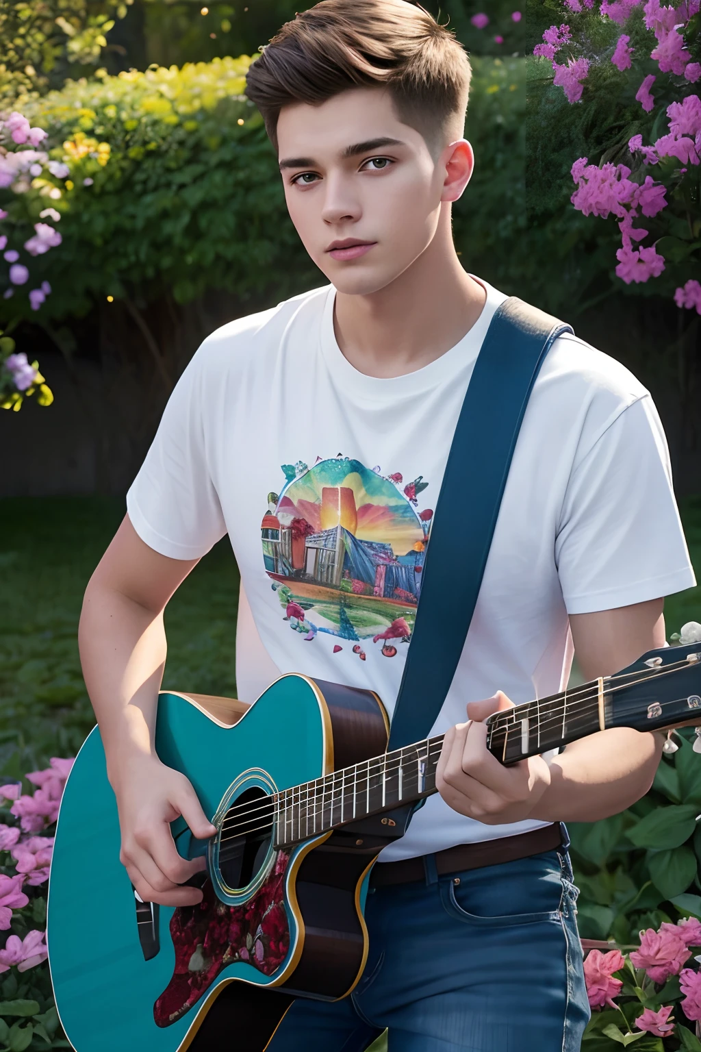 Richard Wayne Van Dyke, 18 years old, t-shirt and blue jeans, vibrant and energetic, playing guitar passionately, surrounded by a lush green garden with colorful flowers in bloom. (best quality,4k,8k,highres,masterpiece:1.2), ultra-detailed, (realistic,photorealistic,photo-realistic:1.37) medium, bokeh, portraits, vivid and warm color palette, sunset lighting.