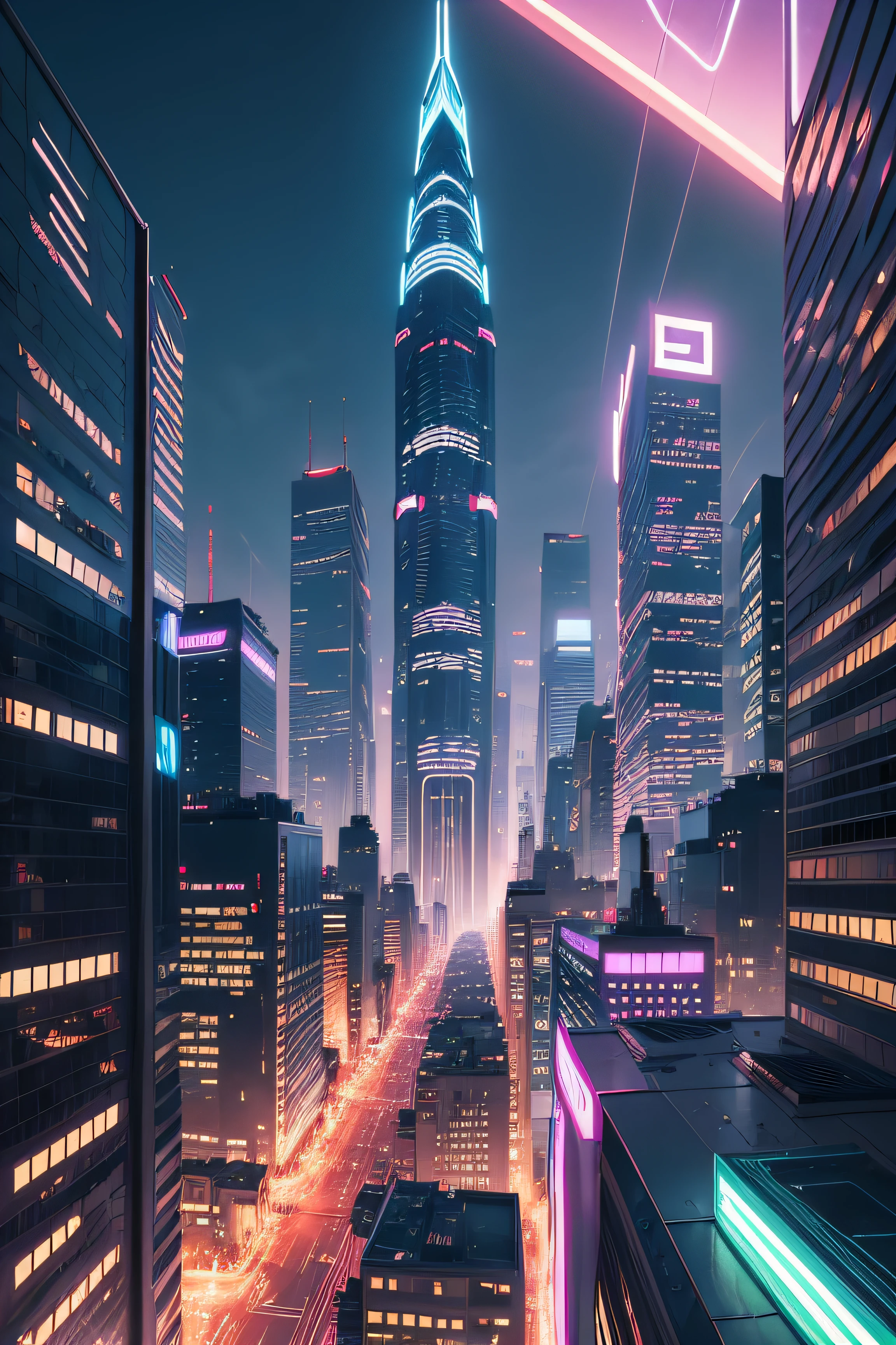 Title: "Neo-Comics Cityscape"
Description: Generate a vibrant and dynamic comic book-style cityscape background. The scene should feature a modern, futuristic metropolis with towering skyscrapers, bustling streets, and a mix of both day and night elements. The city should have a Marvel-inspired aesthetic, with colorful neon signs, billboards, and an energetic atmosphere. The skyline should be filled with unique and imaginative architecture, and there should be hints of superhero activity, such as a hero soaring through the sky or a supervillain causing chaos in the distance. The overall mood should be exciting and visually captivating, capturing the essence of a classic comic book city.