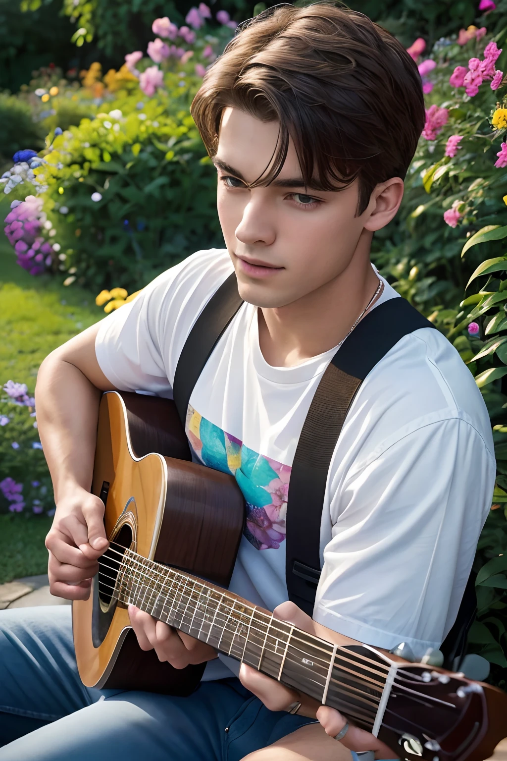 Richard Wayne Van Dyke, 18 years old, t-shirt and blue jeans, vibrant and energetic, playing guitar passionately, surrounded by a lush green garden with colorful flowers in bloom. (best quality,4k,8k,highres,masterpiece:1.2), ultra-detailed, (realistic,photorealistic,photo-realistic:1.37) medium, bokeh, portraits, vivid and warm color palette, sunset lighting.