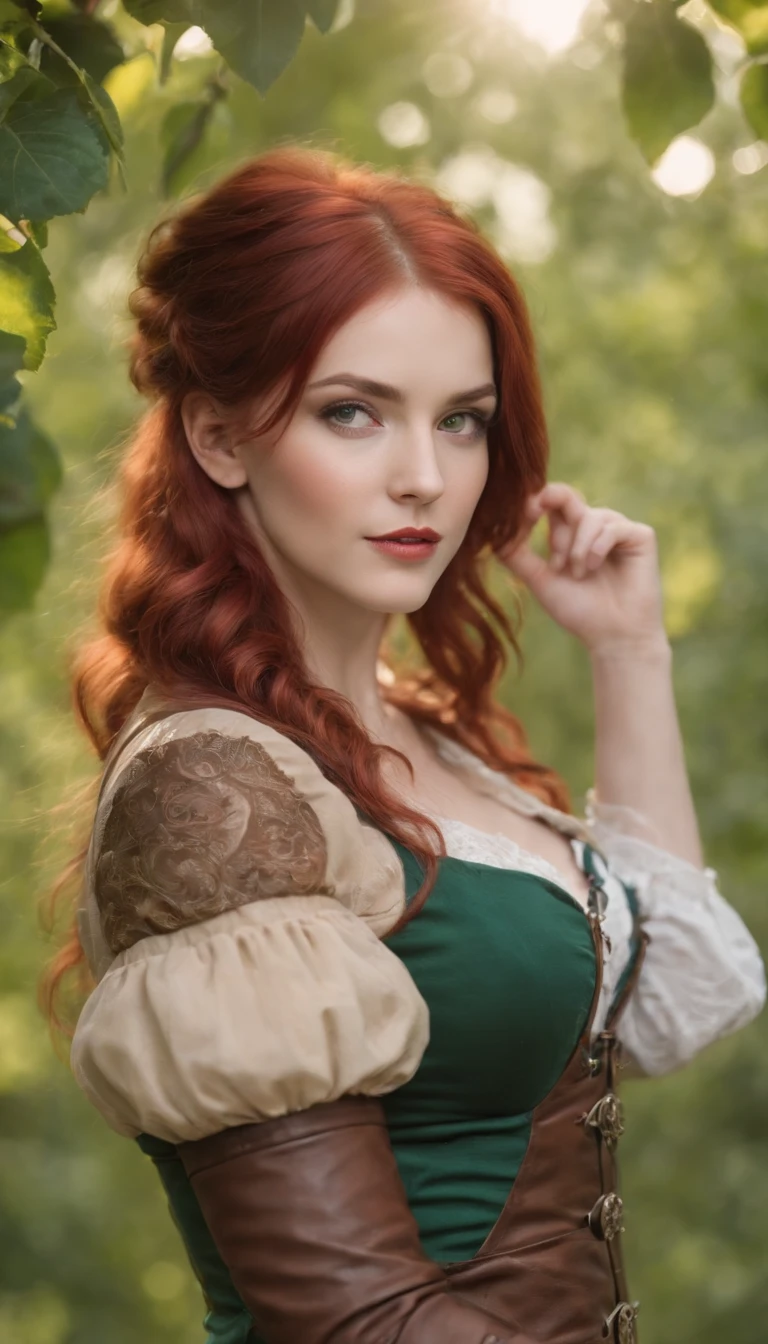 (steampunk art), Apple orchard, A large red apple in a coniferous forest, bokeh, glare, radiance, Fantasy, fairycore, High Resolution, image, Sexy girl with green eyes and red hair, bar, (sexypose), (wet clothing)