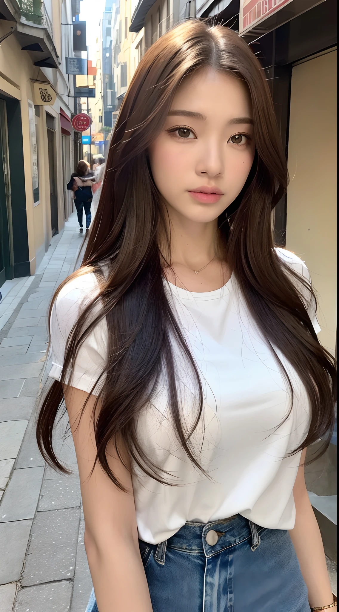 a woman with long hair standing in front of a building, beautiful girl, hot girl, having big breasts 