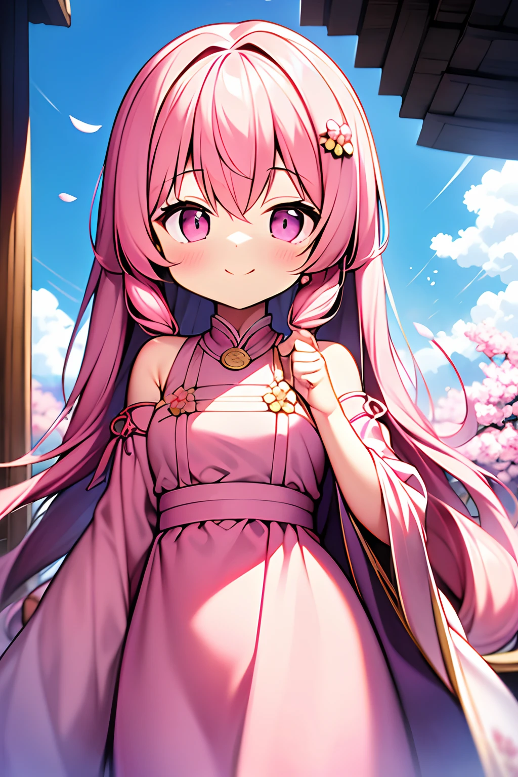 cherry_blossoms, falling_petals, petals, branch, pink_flower, 1girl,20-year-old, blue_sky, spring_\(season\), petals_on_liquid, flower, hanami, dress, (golden long curly hair: 1.5), wearing flower wreath, sky, outdoor, Clouds, bangs, smile, pink eyes, white dress with cherry blossoms, bare shoulders, earrings, best quality. Picture perfect. holding_flower, wind, tree, looking_at_viewer, cowboy shot, detail enhancement.