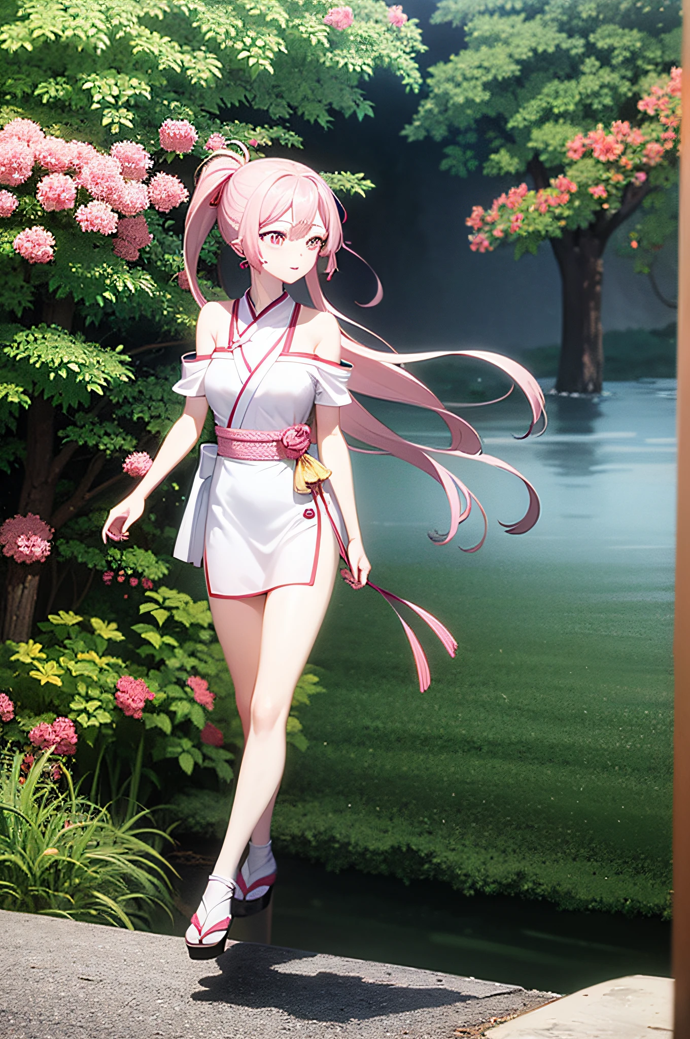 16k,Two-dimensional girl,Japanese painting style,Long flowing yellow hair,Pink white eyes,Chinese off-the-shoulder evening dress,Side face,adolable。