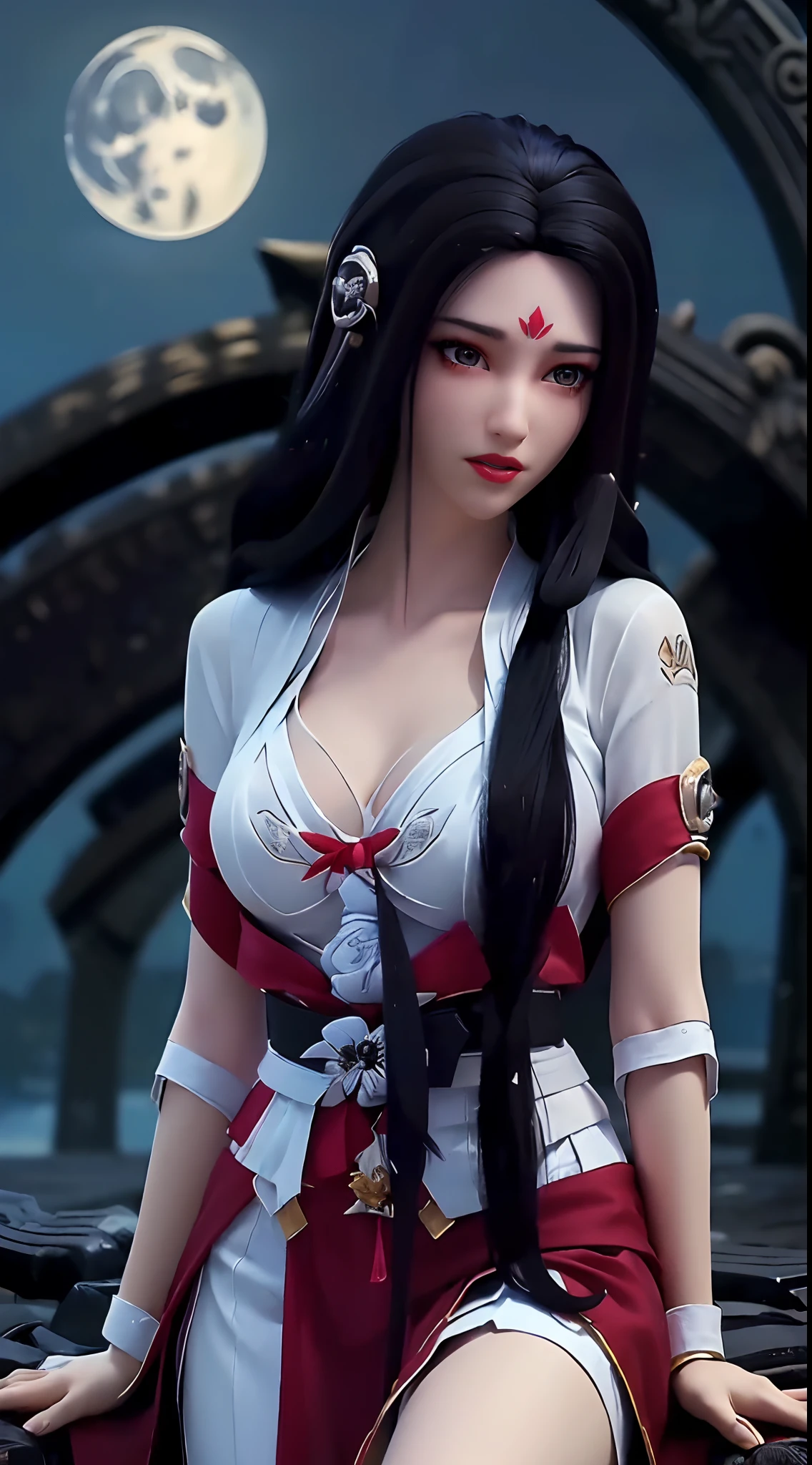 "1 beautiful girl, ((wearing red hanfu, white chest shirt:1.6)), low cut shirt, ((long black hair:1.8)), ((most beautiful and detailed hair jewelry:1.8)), sexy vintage style, Super cute little face Extremely beautiful face, thin eyebrows, the most beautiful and flawless face, ((black eye pupil:0.8)), very beautiful eyes, ((black yellow eyes:0.5)), hairy beautiful and detailed makeup eyelashes, high nose, earrings, thin lips, ((red lips:0.8)), ban on laughing, beautiful lips, slender arms, The most beautiful thighs, healthy limbs, rosy face, clean face, beautiful face without blemishes, smooth white skin, ((super tight and round breasts: 1.8)) cleavage, beautiful breasts, ((put the girl's arms behind her back:2)), (((portrait body of a beautiful girl:0.8))), ((sitting position leaning back:1.7)), 8k photo, super high quality, super realistic, 10x super pixels, actual photo, dark studio, border light, two-tone lighting color, (high detail skin: 1.2), 8k ultra, soft light, high quality, volumetric light, Photo, high resolution, light, best photo, 4k quality, 8k, bokeh, Smooth and sharp, 10x pixelated, ((The yard at night and the moonlight shining down on the yard background:1.8)), aurora, lightning, super graphics, most realistic graphics, 1 girl, alone, solo, Extremely sharp, surreal image, (((frontal portrait:1.6)))