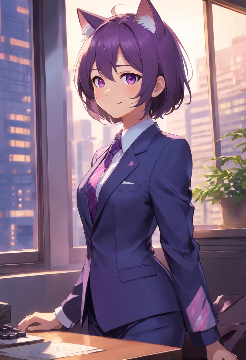 A purple-eyed male cat in a suit and tie stands by the window., In a strict suit., In a strict suit., Portraits with a complete view of the standing figure , Dark suit, A grand and classy portrait., highly detailed exquisite fanart, Official Character Art, Good - dress up., Honourable nobles., official character illustration, In his suit., Trends on Artstation Pixiv, high detailed official artwork, Elegant cat , smiling kindly , lol gentle , Show from head to toe , Portrayal that can be seen to the feet