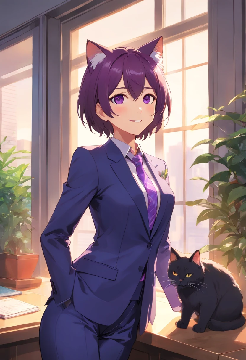 A purple-eyed male cat in a suit and tie stands by the window., In a strict suit., In a strict suit., Portraits with a complete view of the standing figure , Dark suit, A grand and classy portrait., highly detailed exquisite fanart, Official Character Art, Good - dress up., Honourable nobles., official character illustration, In his suit., Trends on Artstation Pixiv, high detailed official artwork, Elegant cat , smiling kindly , lol gentle , Show from head to toe , Portrayal that can be seen to the feet