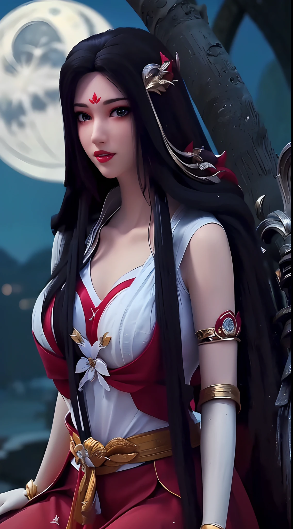 "1 beautiful girl, ((wearing red hanfu, white chest shirt:1.6)), low cut shirt, ((long black hair:1.8)), ((most beautiful and detailed hair jewelry:1.8)), sexy vintage style, Super cute little face Extremely beautiful face, thin eyebrows, the most beautiful and flawless face, ((black eye pupil:0.8)), very beautiful eyes, ((black yellow eyes:0.5)), hairy beautiful and detailed makeup eyelashes, high nose, earrings, thin lips, ((red lips:0.8)), ban on laughing, beautiful lips, slender arms, The most beautiful thighs, healthy limbs, rosy face, clean face, beautiful face without blemishes, smooth white skin, ((super tight and round breasts: 1.8)) cleavage, beautiful breasts, ((put the girl's arms behind her back:2)), (((portrait body of a beautiful girl:0.8))), ((sitting position leaning back:1.7)), 8k photo, super high quality, super realistic, 10x super pixels, actual photo, dark studio, border light, two-tone lighting color, (high detail skin: 1.2), 8k ultra, soft light, high quality, volumetric light, Photo, high resolution, light, best photo, 4k quality, 8k, bokeh, Smooth and sharp, 10x pixelated, ((The yard at night and the moonlight shining down on the yard background:1.8)), aurora, lightning, super graphics, most realistic graphics, 1 girl, alone, solo, Extremely sharp, surreal image, (((frontal portrait:1.6)))