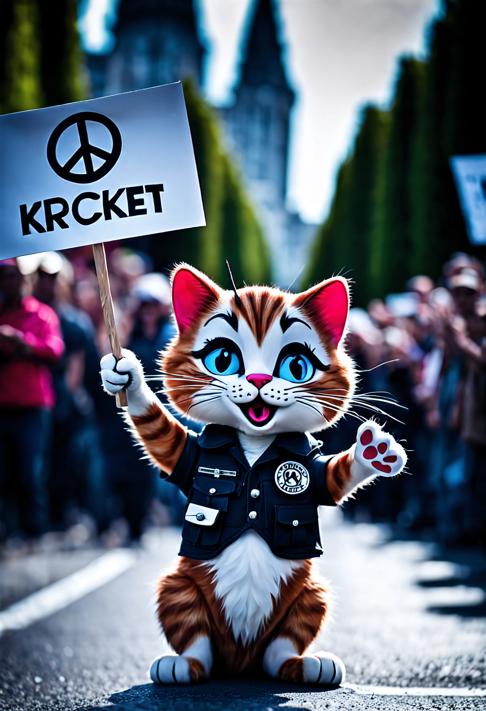 cinematic film still a activist cat rally, protesting against war, making a peace sign, holding a sign text:((KROCKETT)), paws, shallow depth of field, vignette, highly detailed, high budget, bokeh, cinemascope, moody, epic, gorgeous, film grain, ultra sharp,