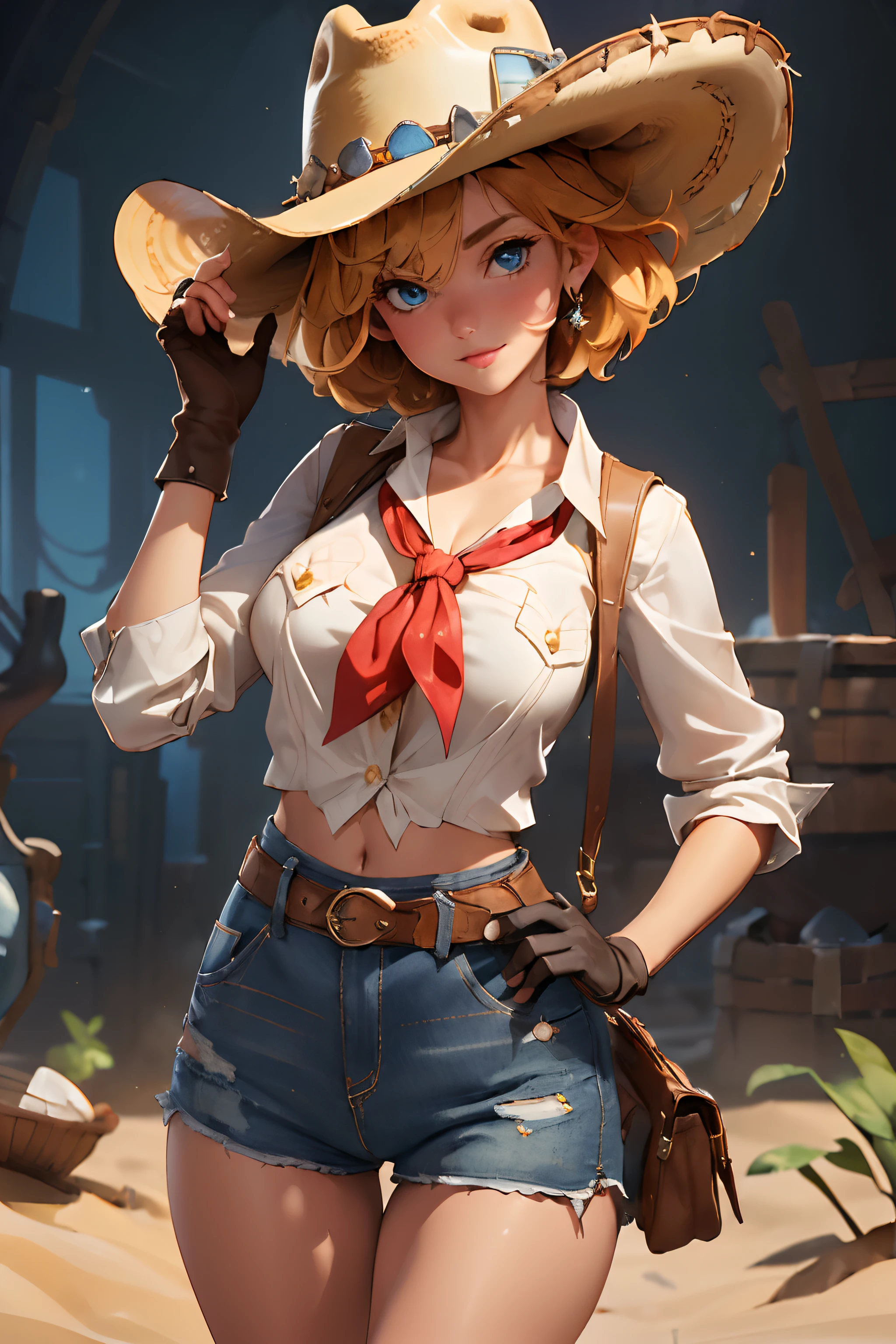 (((((solo))))),(((((masterpiece))))), (((((best quality))))),(((((highly detailed))))), finely detailed, Depth of field, crisp detail, detailed clothes, highres,
1girl, bangs, (beautiful detailed face:1.3), collarbone, collared shirt, ((white shirt)), shirt half open, buttons undone, no bra, several buttons open to show cleavage, show belly, blue eyes, blonde hair, cleavage, ((cowboy)), (cowboy hat:1.3), short gloves. fingerless gloves, hat, medium breasts, navel, neckerchief, red neckerchief, short hair, short shorts, daisy dukes, healthy thighs, gun belt ,cowboy western, sunny desert background, thigh gap