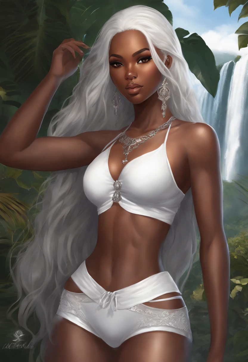 Create a highly detailed, realistic full body artwork of a stunning black anime girl with striking beauty. She should have long, flowing white hair contrasting beautifully with her dark complexion. She's portrayed wearing eye-catching white see-through panties and bra that complements her confident demeanor. The combination of her captivating presence, and the vivid white hair. The artwork should capture her essence and evoke a sense of strength, and beauty, with waterfalls in the background.