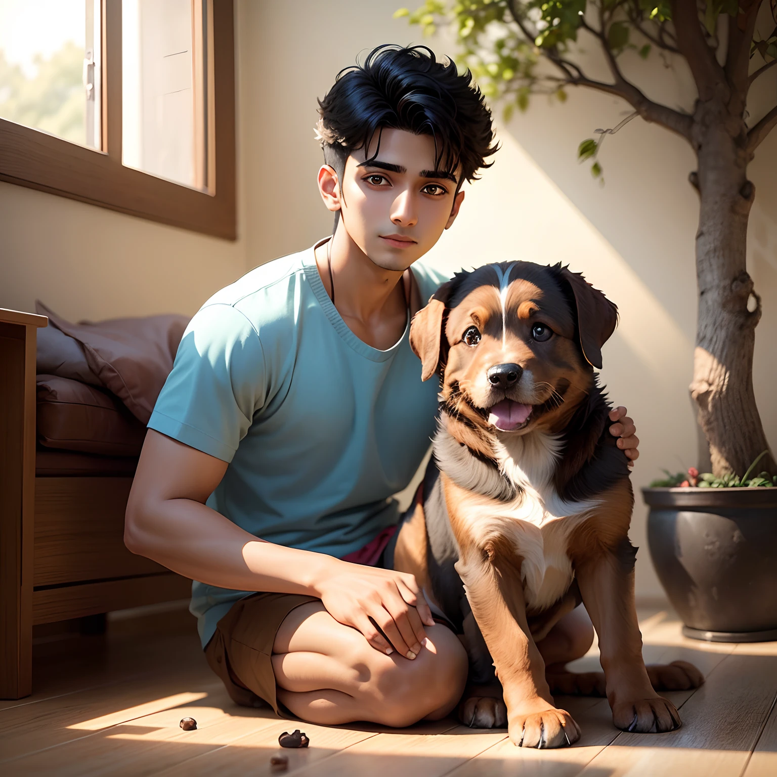 Ravi, 20 year old boy, cute brown puppy, home,sun, tree, hyper realistic