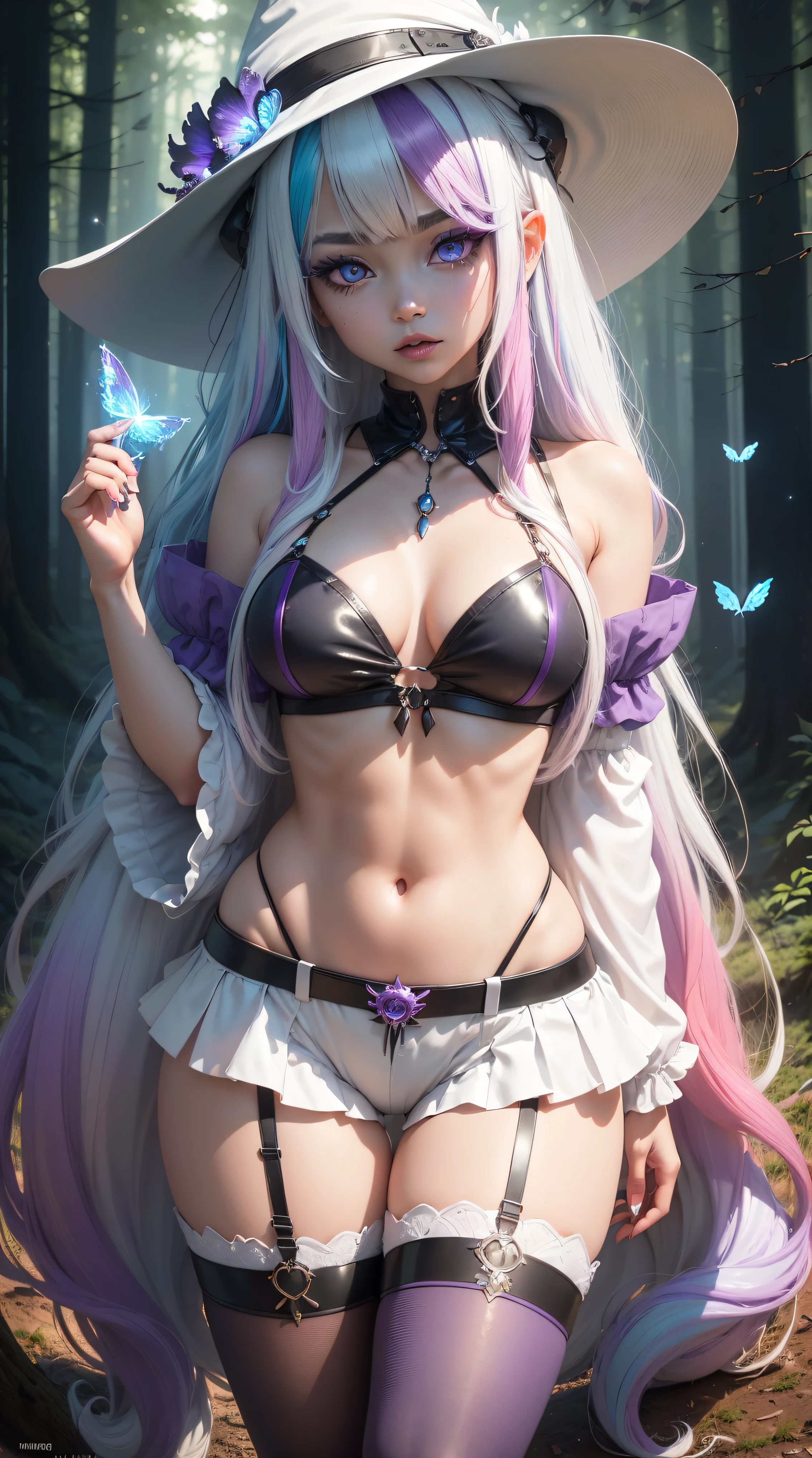 (((master piece, best quality))), 1girl, (((long whute hair))), very long hair, (((multicolored hair, gradient hair, two-tone hair, white hair, blue hair, pink hair:1.2))), (((glowing blue eyes))), (((star-shaped pupils))), gothic makeup, (thick eyeliner), lips, pink eyeshadow, (((pink plunging tie up crop top))), ((harness)), large breasts, (((white hot pants))), (navel piercing), ((garter)), (white stockings), ((gothic blue boots)), (((white pink blue witch hat))), (((Gothic witch))), scenery, ((forest)), (((night))), (((night time))), (((haunted forest))), (((glowing mushrooms))), (fireflies), (butterflies), (flowers) (((iridescent))), (((bioluminescent))), (((posing for viewer))), (((close up shot))), more_details:-1, more_details:0, more_details:0.5, more_details:1, more_details:1.5, more_details:2, InkAnime, oni horns, oni_horns, anime_oni_horns, InkAnime, (glowart), Korean webtoon girl, big eyes, ombre lipstick, cute face, oval face, colored hair, curly hair, straight hair, kahuka1, (((entropymagic))), fantasy, decay, dissolving, glowify, colored eyelashes, (((purple eyelashes))), colored eyelashes, white eyelashes, entropymagic, fantasy, decay, dissolving, glowify