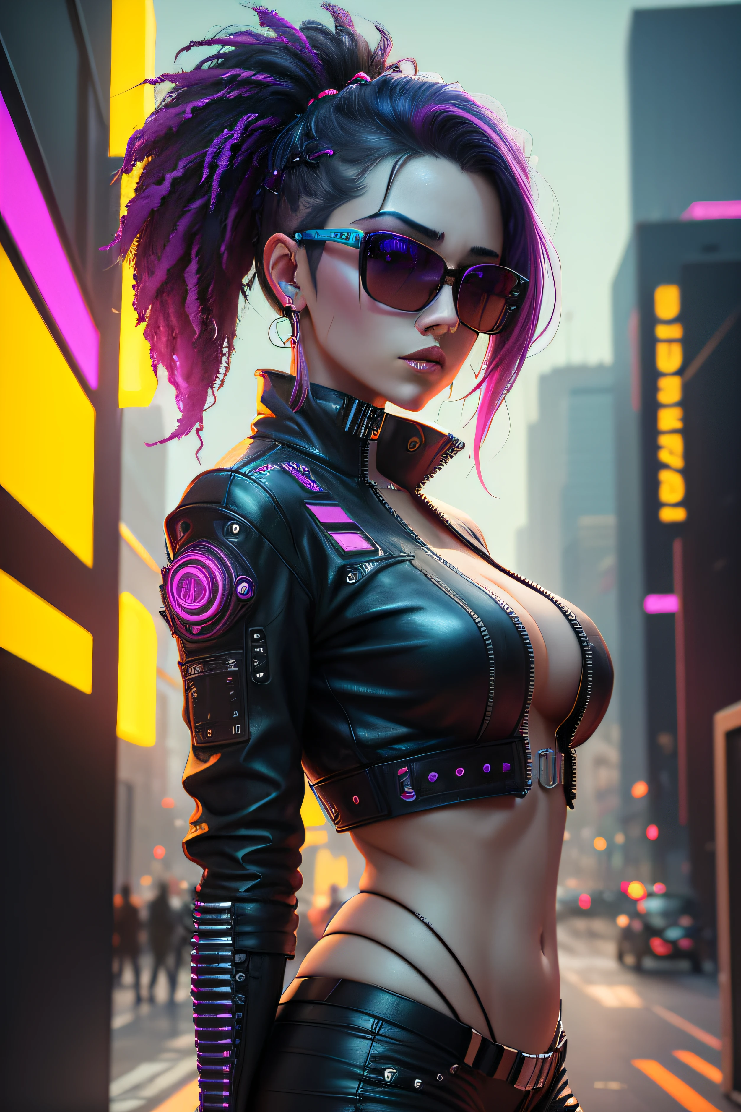 Una mujer con auriculares y gafas de sol en una ciudad futurista, estilo de arte cyberpunk, Estilo de arte futurista, vibraciones cyberpunk, Arte cyberpunk, Colores vibrantes cyberpunk, cyberpunk themed art, Arte ciberpunk digital avanzado, estilo de arte cyberpunk, Arte digital 3D 4K, Sombreado futurista, pero colorido, Arte futurista, En el estilo cyberpunk, cyberpunk illustration, style hybrid mix of beeple, Arte digital 4K