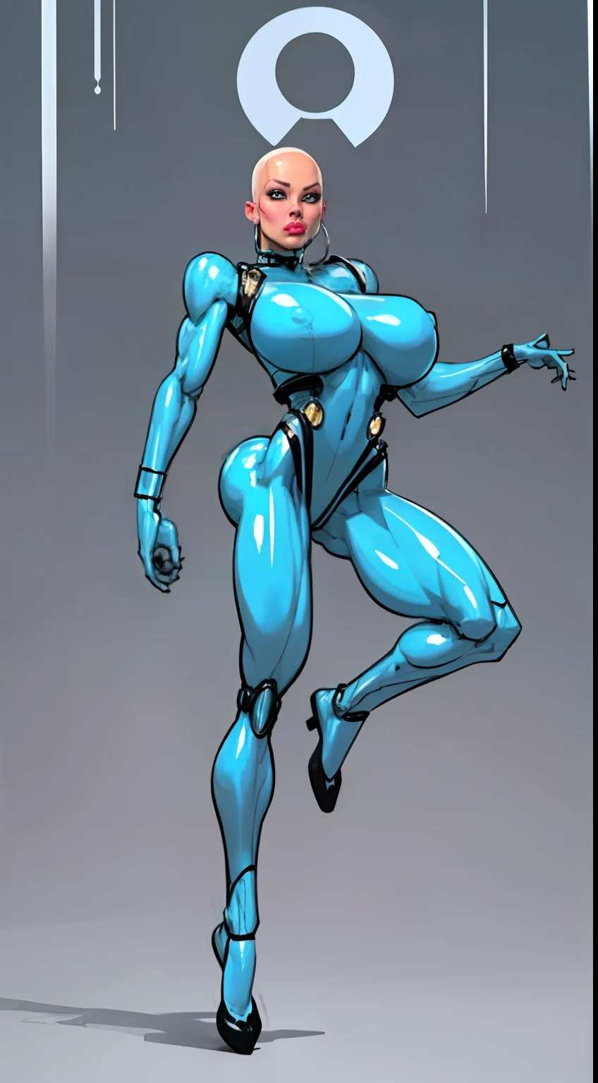 8k ((full body view))((view from below:1.5)),(large eyes:1.3), defined cheekbones, looking back, ((the pit style:1.4))((sleek chrome bodysuit:1.6)) ((intricate metal details:1.4))detailed face:1.5), lightblue skin,(puffy lips:1.5) (lightblue skin:1.6), (bald woman:1.7), (skinhead) ((sexy pose)),(Muscular:1.3), ((gigantic breasts:1.5)), )highly detailed, majestic, digital photography, art by artgerm and ruan jia and greg rutkowski, ((metal shoulder pads:1.2)), (masterpiece), sidelighting, intricate details, (((white color palette)))