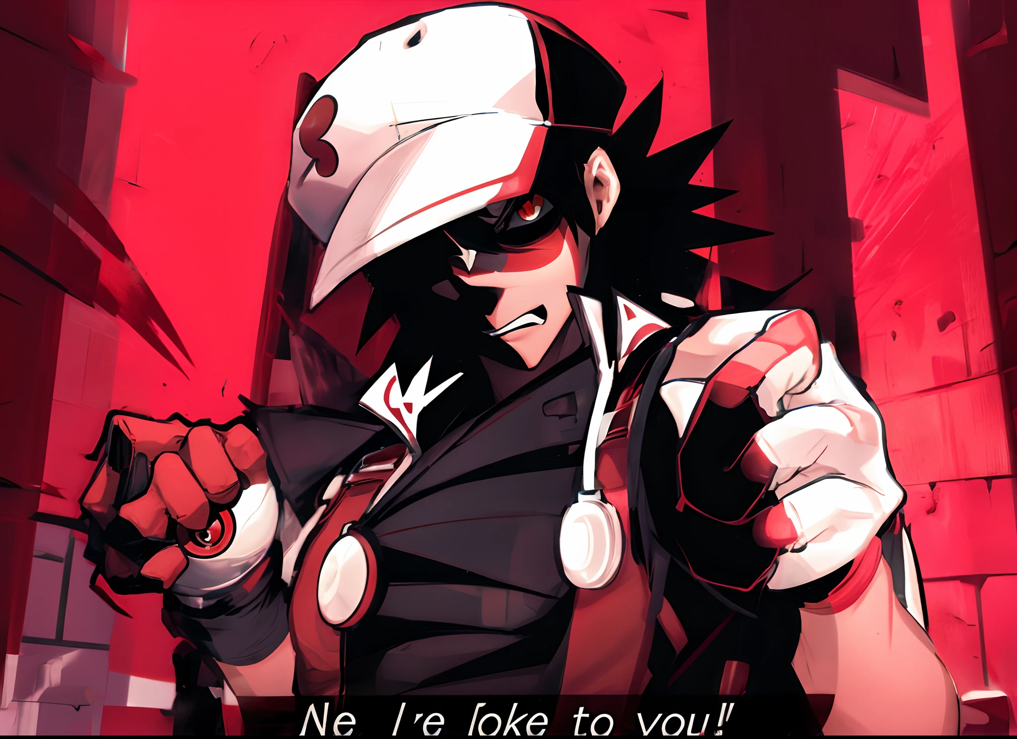 male, red and white cap, red background, pokeball, gloves, red eye, menacing face, dark hair, hd, highres
