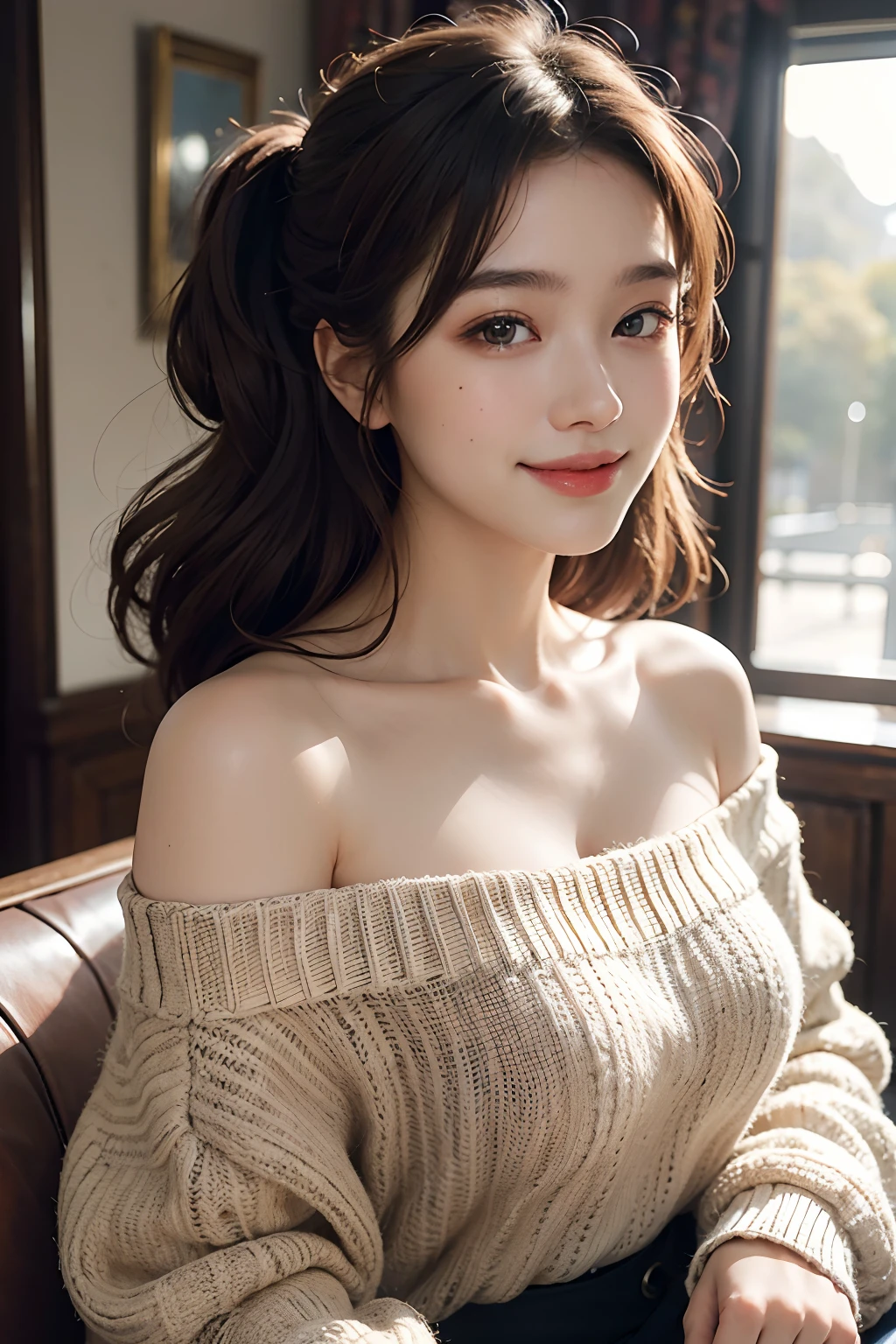 best quality, masterpiece, ultra high res, photorealistic, 1girl, offshoulder, smile, oversized_sweater, soft lighting, detailed skin,brown hair