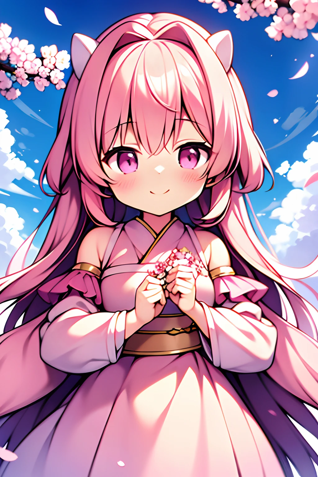 cherry_blossoms, falling_petals, petals, branch, pink_flower, 1girl,20-year-old, blue_sky, spring_\(season\), petals_on_liquid, flower, hanami, dress, (golden long curly hair: 1.5), wearing flower wreath, sky, outdoor, Clouds, bangs, smile, pink eyes, white dress with cherry blossoms, bare shoulders, earrings, best quality. Picture perfect. holding_flower, wind, tree, looking_at_viewer, cowboy shot, detail enhancement.