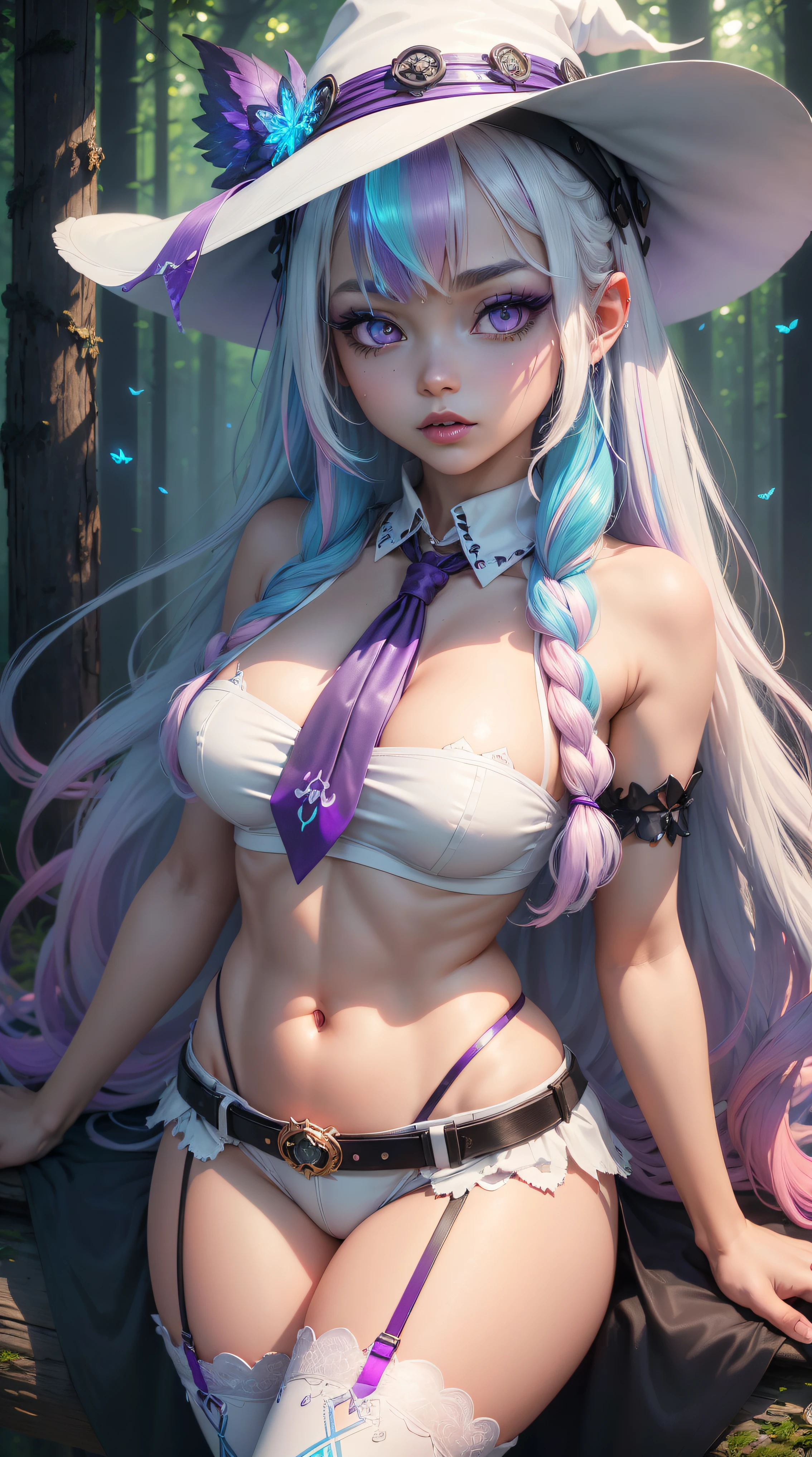 (((master piece, best quality))), 1girl, (((long whute hair))), very long hair, (((multicolored hair, gradient hair, two-tone hair, white hair, blue hair, pink hair:1.2))), (((glowing blue eyes))), (((star-shaped pupils))), gothic makeup, (thick eyeliner), lips, pink eyeshadow, (((pink plunging tie up crop top))), ((harness)), large breasts, (((white hot pants))), (navel piercing), ((garter)), (white stockings), ((gothic blue boots)), (((white pink blue witch hat))), (((Gothic witch))), scenery, ((forest)), (((night))), (((night time))), (((haunted forest))), (((glowing mushrooms))), (fireflies), (butterflies), (flowers) (((iridescent))), (((bioluminescent))), (((posing for viewer))), (((close up shot))), more_details:-1, more_details:0, more_details:0.5, more_details:1, more_details:1.5, more_details:2, InkAnime, oni horns, oni_horns, anime_oni_horns, InkAnime, (glowart), Korean webtoon girl, big eyes, ombre lipstick, cute face, oval face, colored hair, curly hair, straight hair, kahuka1, (((entropymagic))), fantasy, decay, dissolving, glowify, colored eyelashes, (((purple eyelashes))), colored eyelashes, white eyelashes, entropymagic, fantasy, decay, dissolving, glowify