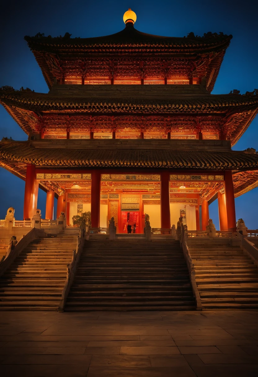Big Wild Goose Pagoda in ancient China，Panorama Figures，festive atmosphere，The moon hangs high，full of lights, Cities in the air，Chinese style architecture，High angle view, Multiple characters