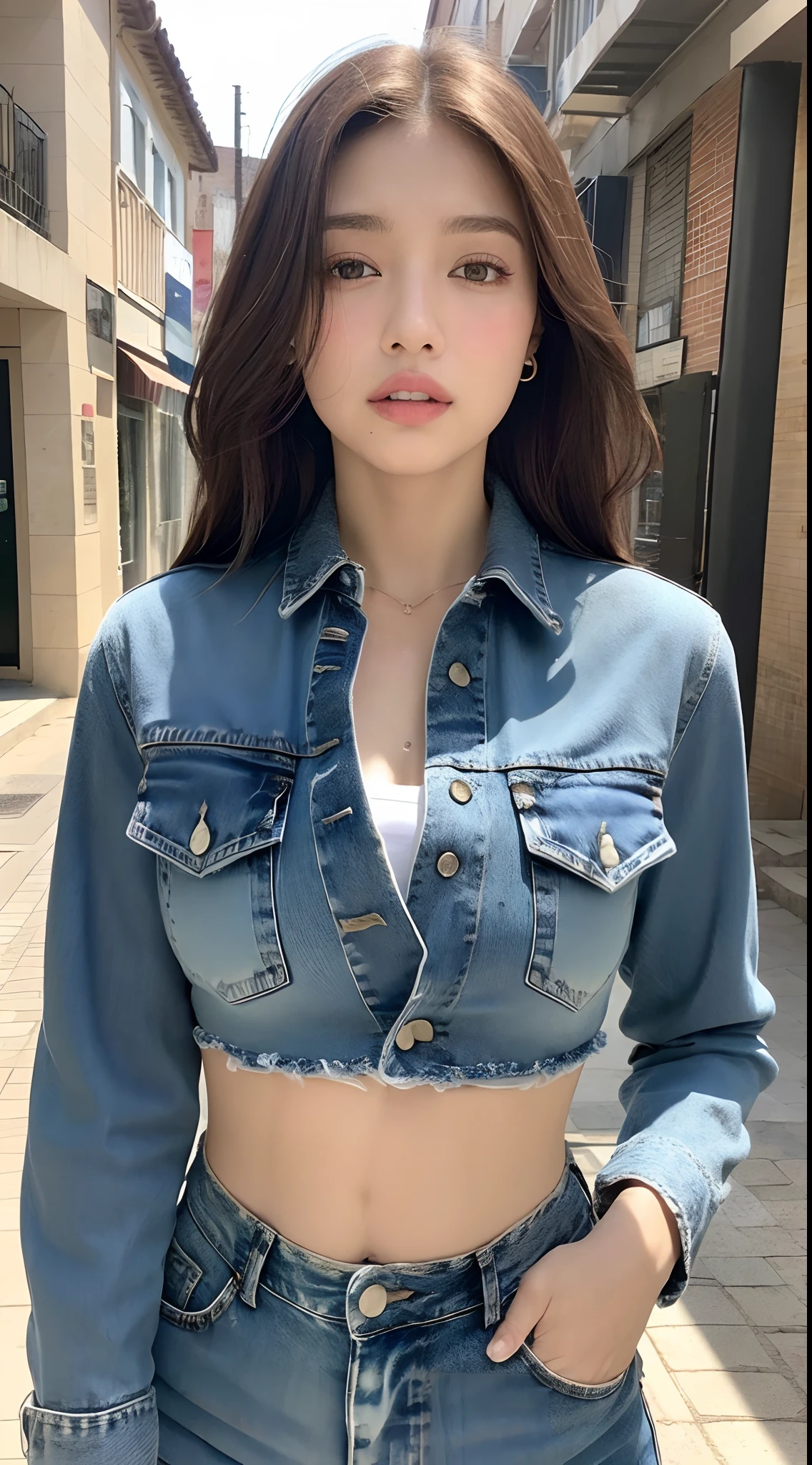 A close up of a woman wearing a denim top and white shorts, open v chest clothes, wearing a sexy cropped top, open shirt, wearing a cute top, gorgeous young korean woman, gorgeous chinese model, korean girl, photo of slim girl model, beautiful south korean woman, beautiful young korean woman, beautiful asian girl, wearing crop top, sexy girl, revealing clothes.
Masterpiece, ultra detailed, realistic, photo realistic, high detail RAW color photo, professional photograph, extremely detailed, finely detail, lens flare, Dynamic lighting, 8K, RAW Photo, Best High Quality, Masterpiece: 1.2, Ultra HD: 1, High Detail RAW Color Photo, Pro Photo, Realistic, Photo Realistic: 1.5, Live Photo, Super detailed, Masterpiece, Real Skin, Realistic Skin, Realistic HD Eyes, Highly detailed Eyes, Perfect Eyes, Perfect face, Perfect fingers, extremely detailed face, extremely detailed eyes, extremely detailed skin, perfect anatomy.