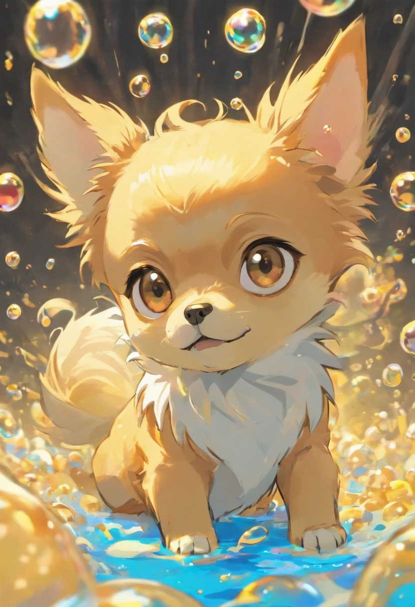 Cute golden long-haired Chihuahua made from bubbles from a coffee cup