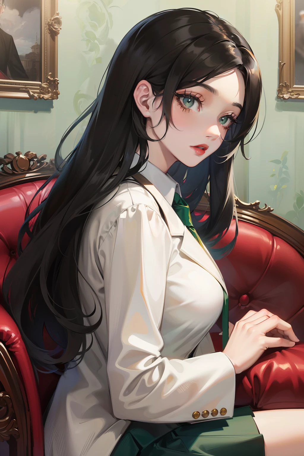 1girl, solo, ,looking at viewer,large breasts,portrait,from side,bad-girl, Long wavy jet black hair, hazel eyes, red lips, nice eyeliner, beautiful long eyelashes, Elegant appearance, dressed in a white blouse with long sleeves, grey blazer, emerald green tie, black skirt. Sitting in a green armchair with silver, in the background a black legume room.