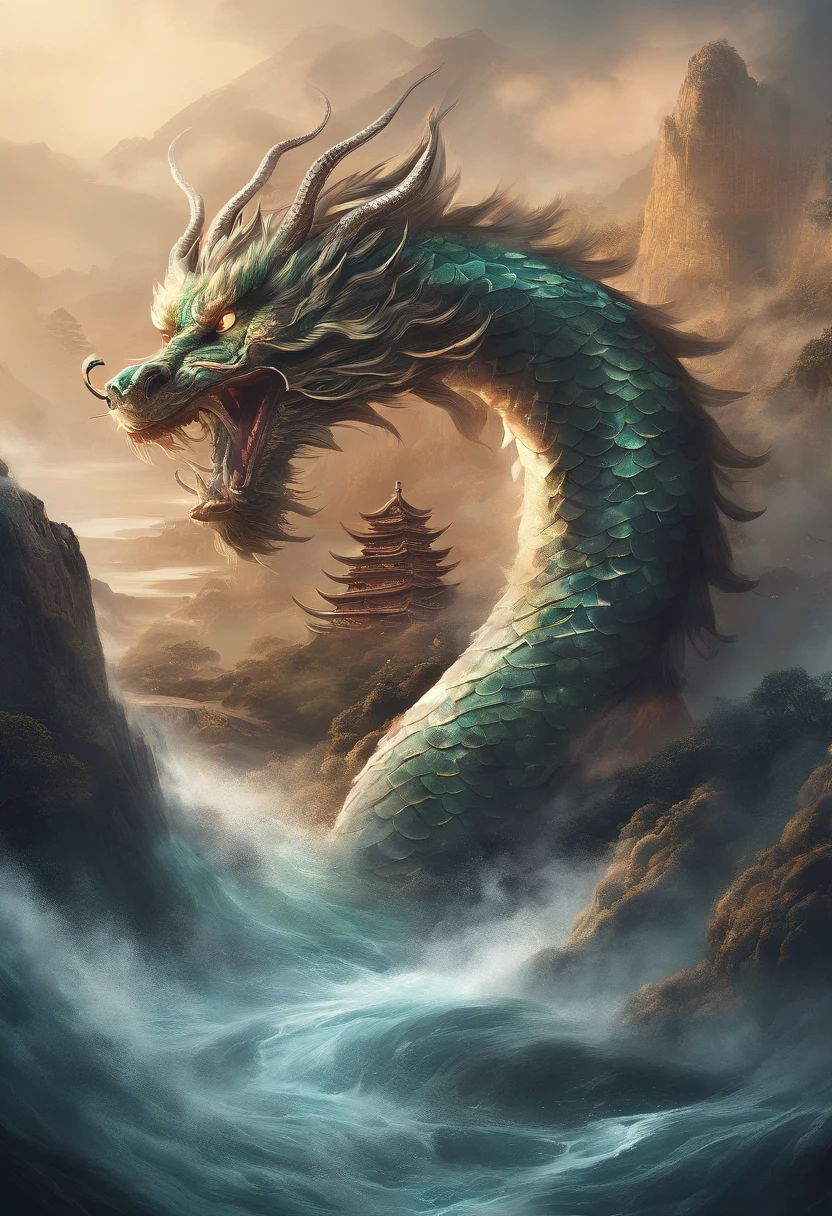 chinesedragon,The long tail of the snake,Huge waves,China-style,oc rendered,super-fine,high qulity,8K high resolution,ultra - detailed