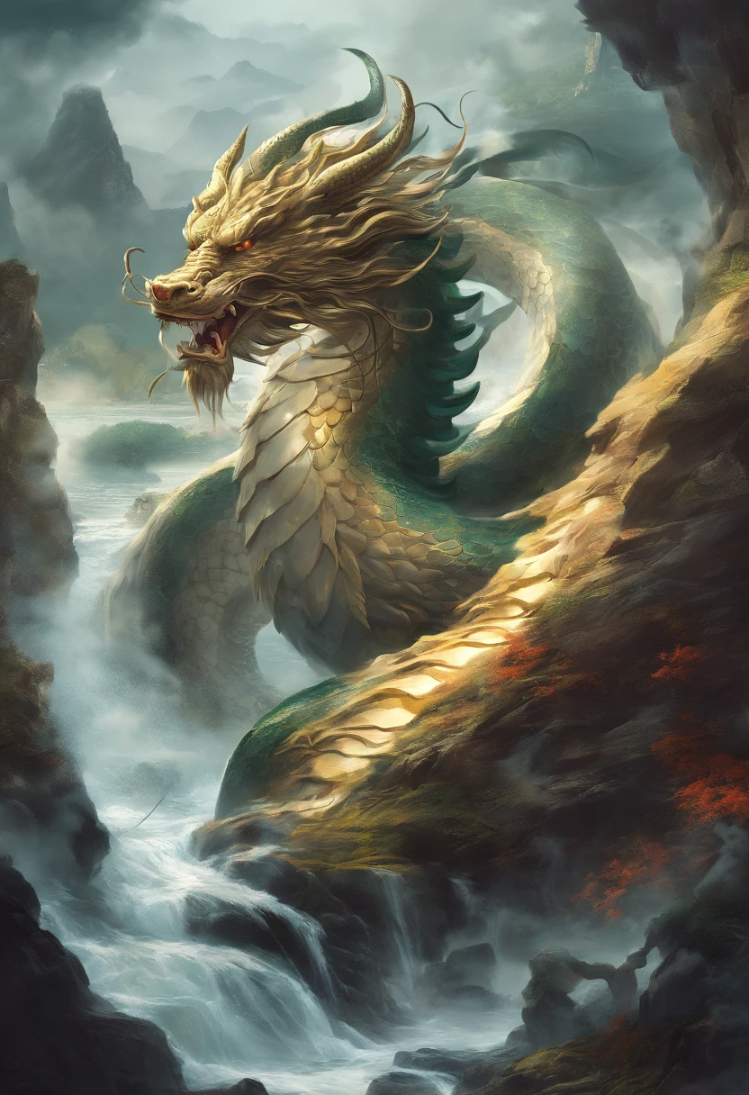 chinesedragon，The long tail of the snake，Huge waves，China-style，oc rendered，super-fine，high qulity，8K high resolution，ultra - detailed